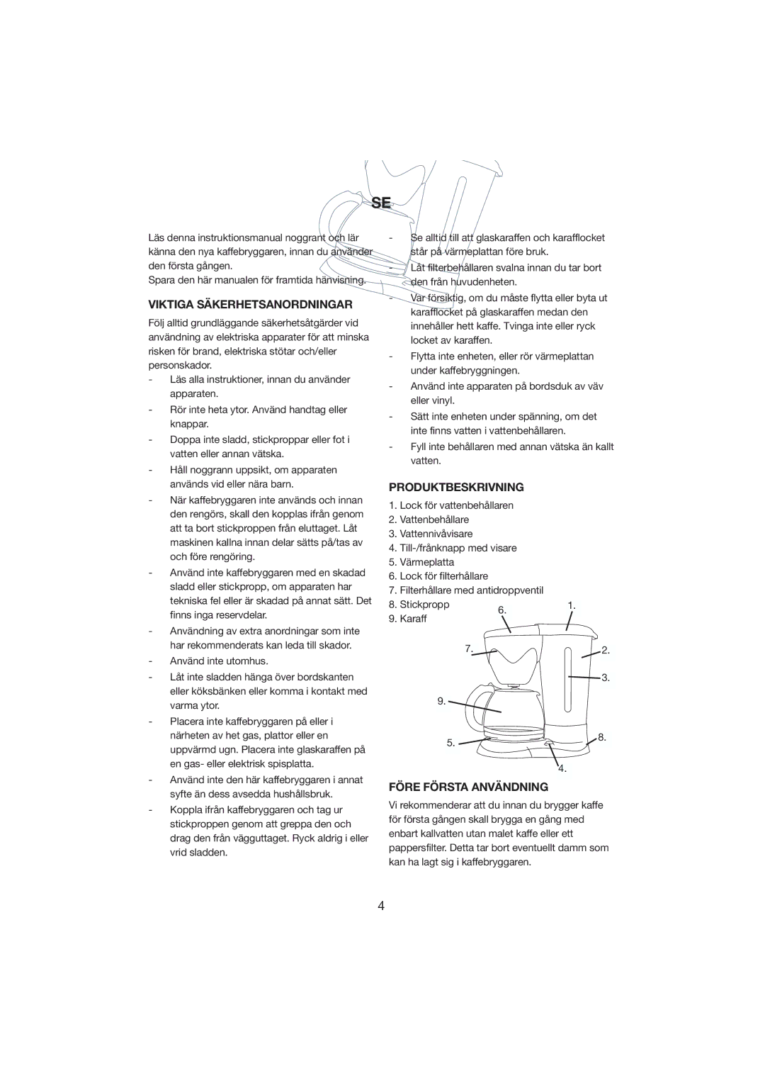 Melissa 245-009 manual Viktiga Säkerhetsanordningar, Produktbeskrivning, Före Första Användning 