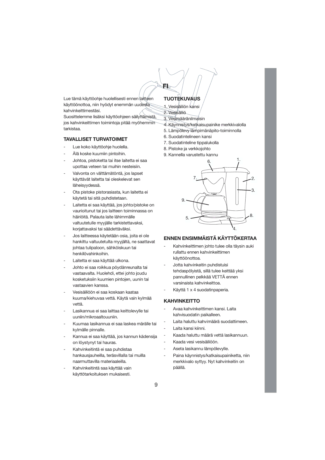 Melissa 245-009 manual Tavalliset Turvatoimet, Tuotekuvaus, Ennen Ensimmäistä Käyttökertaa, Kahvinkeitto 