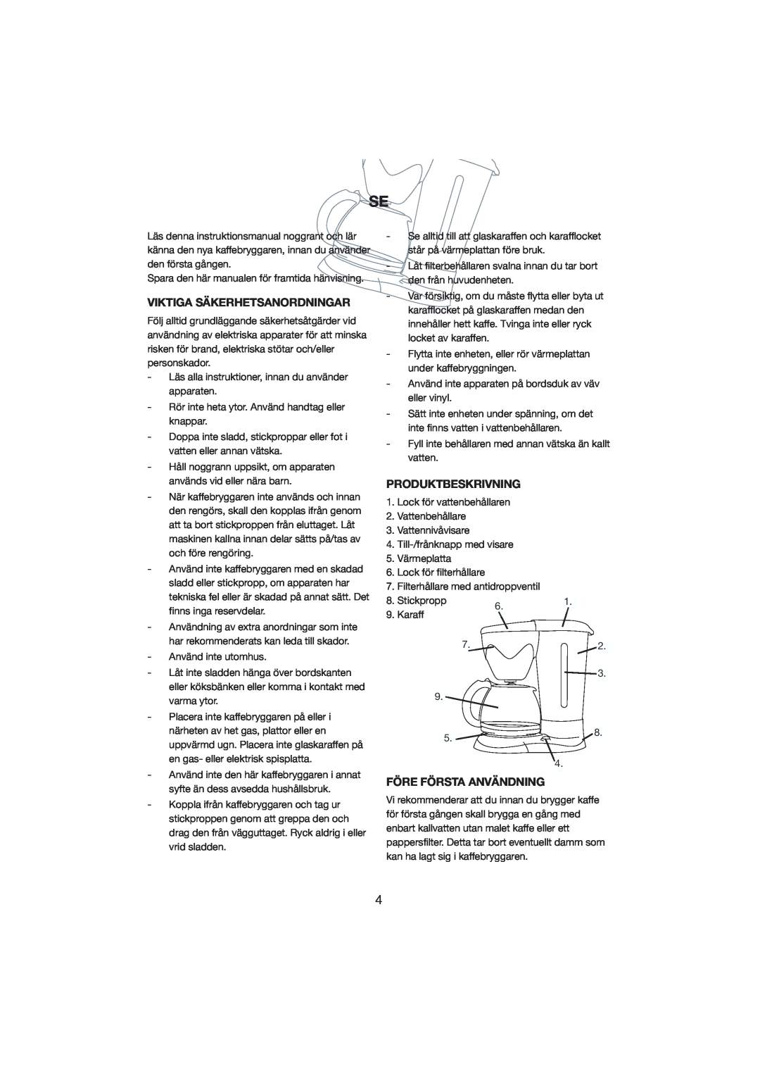 Melissa 245-009 manual Viktiga Säkerhetsanordningar, Produktbeskrivning, Före Första Användning 
