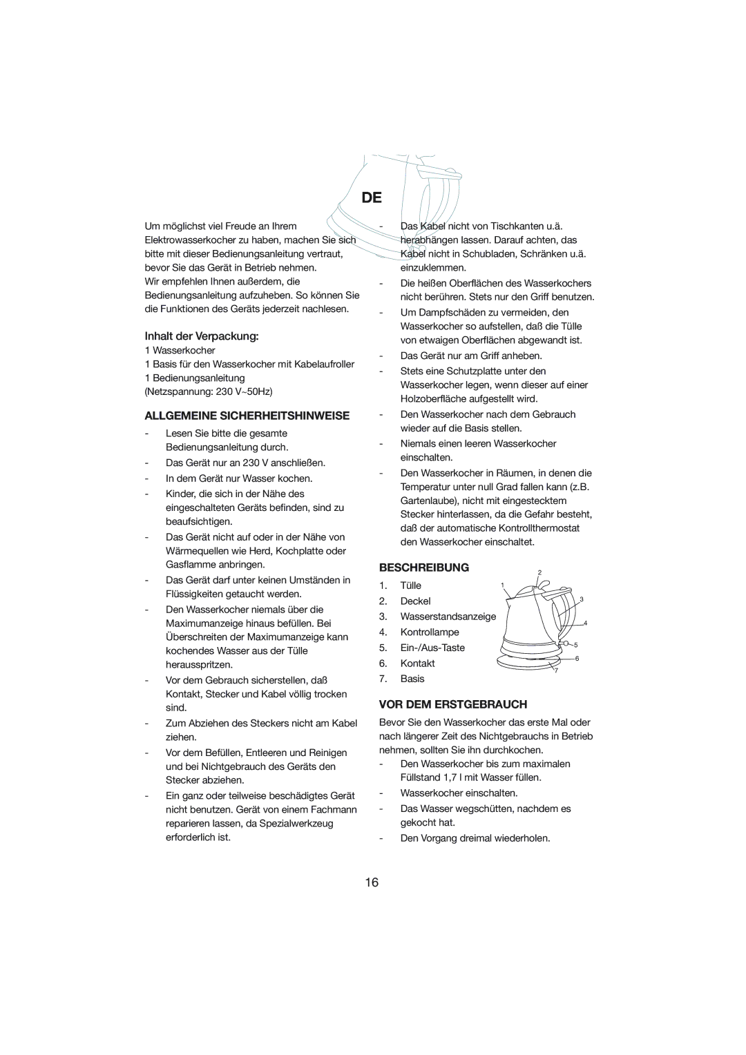 Melissa 245-014 manual Allgemeine Sicherheitshinweise, Beschreibung, VOR DEM Erstgebrauch 