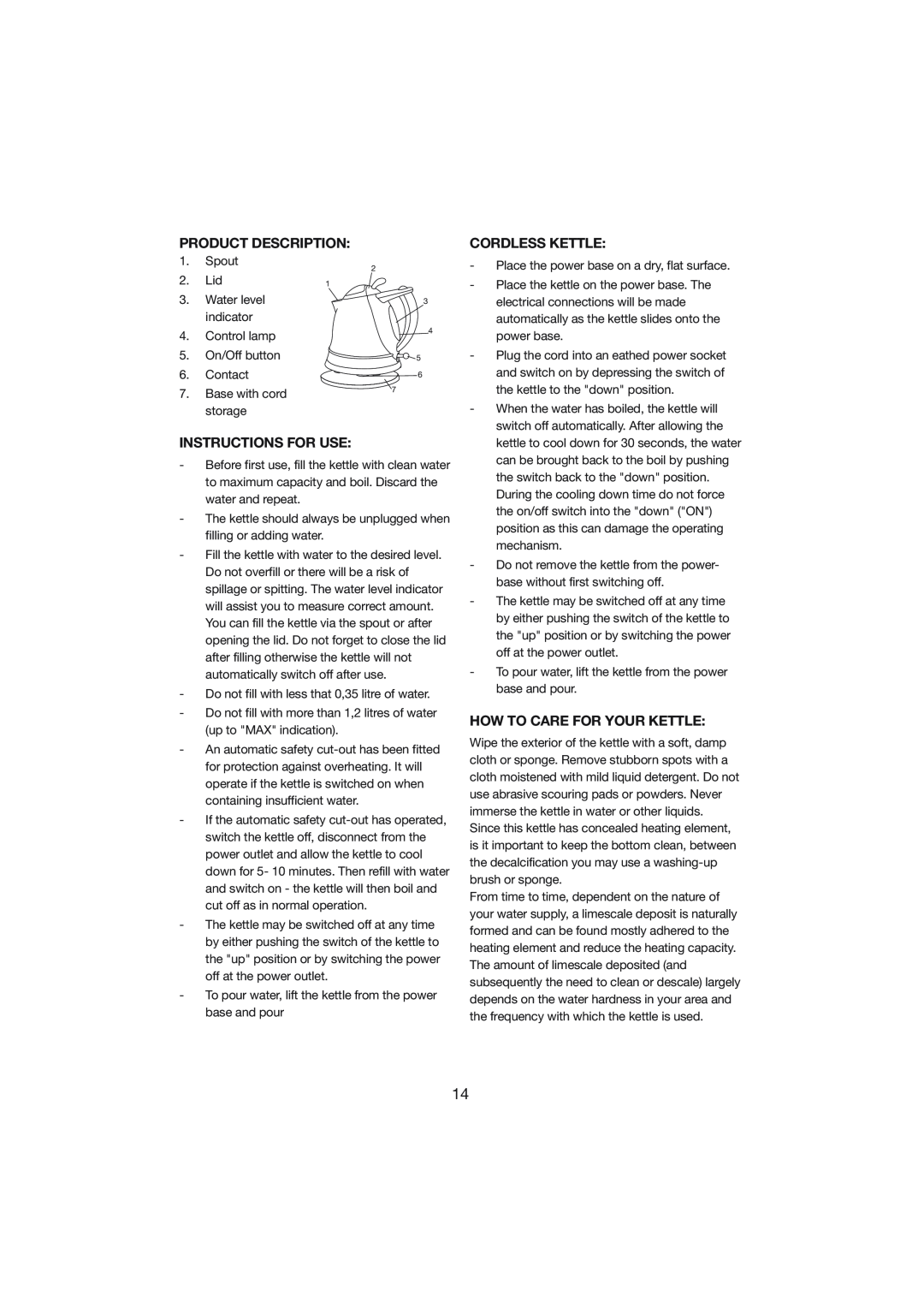 Melissa 245-014 manual Product Description, Instructions For Use, Cordless Kettle, How To Care For Your Kettle 