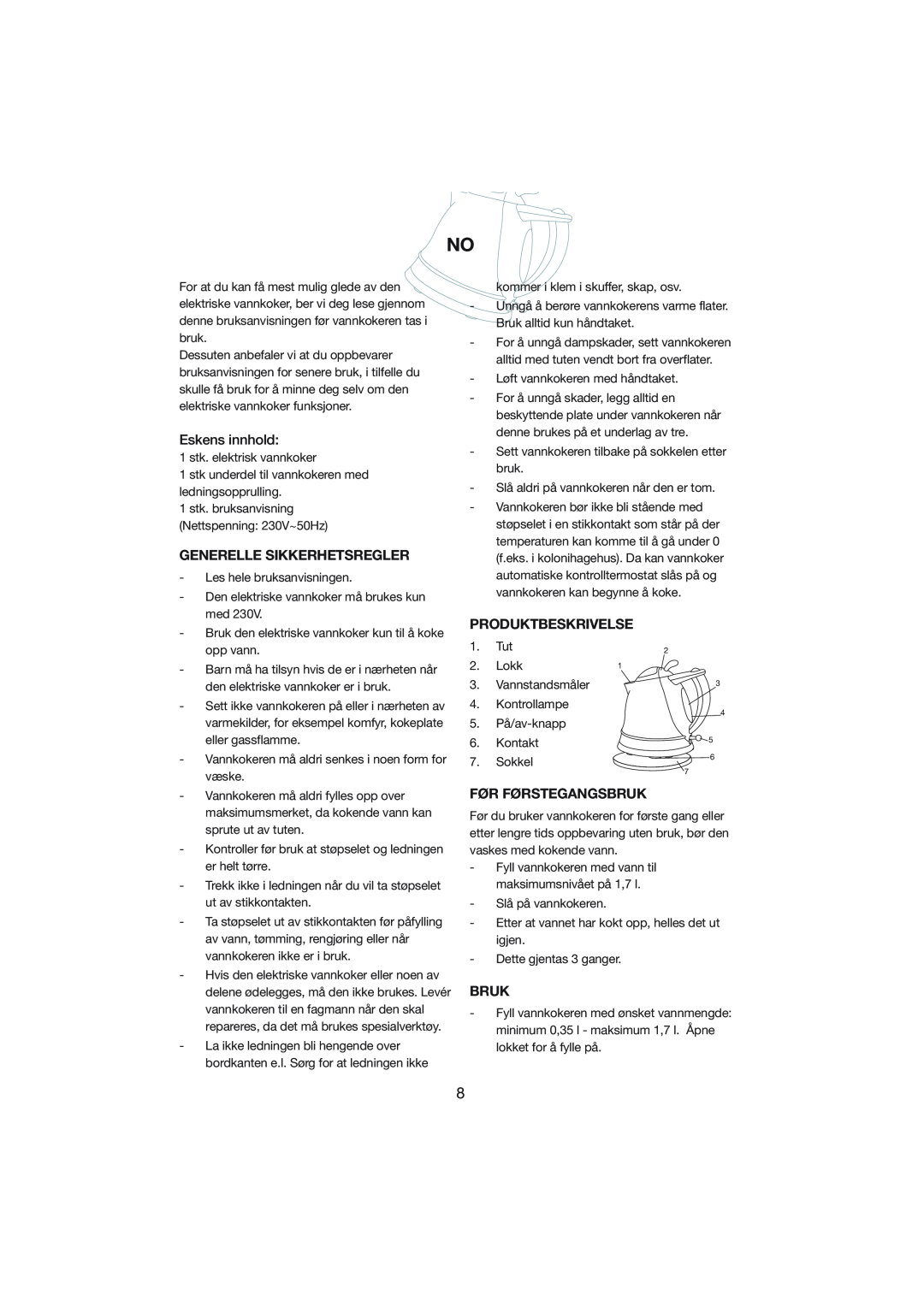 Melissa 245-014 manual Eskens innhold, Generelle Sikkerhetsregler, Produktbeskrivelse, Før Førstegangsbruk 