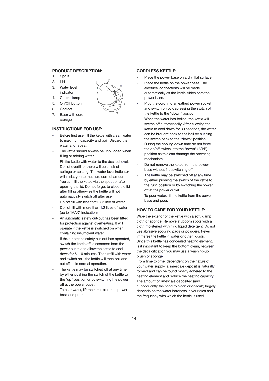 Melissa 245-015 manual Product Description, Instructions for USE, Cordless Kettle, HOW to Care for Your Kettle 