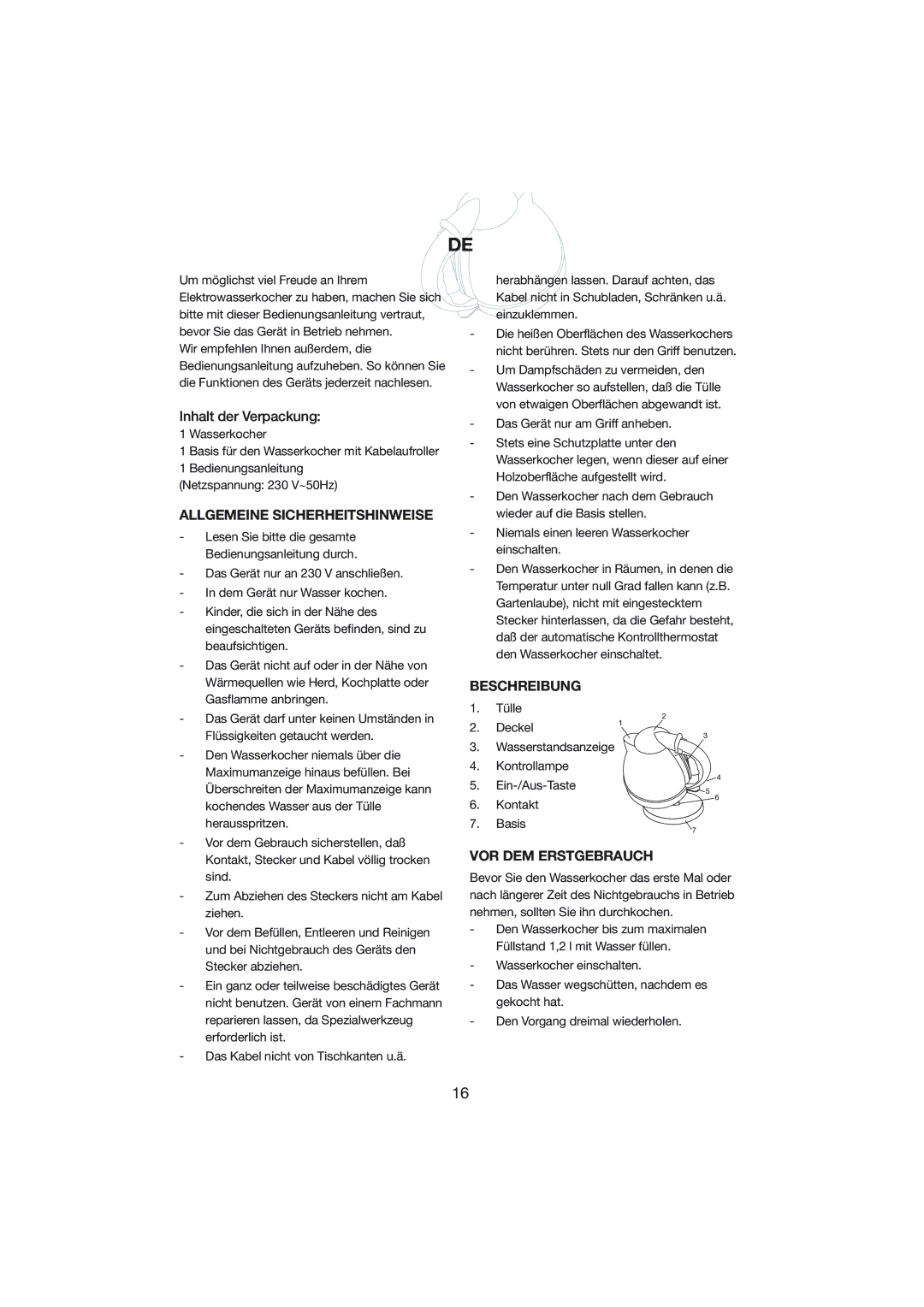 Melissa 245-015 manual Allgemeine Sicherheitshinweise, Beschreibung, VOR DEM Erstgebrauch 