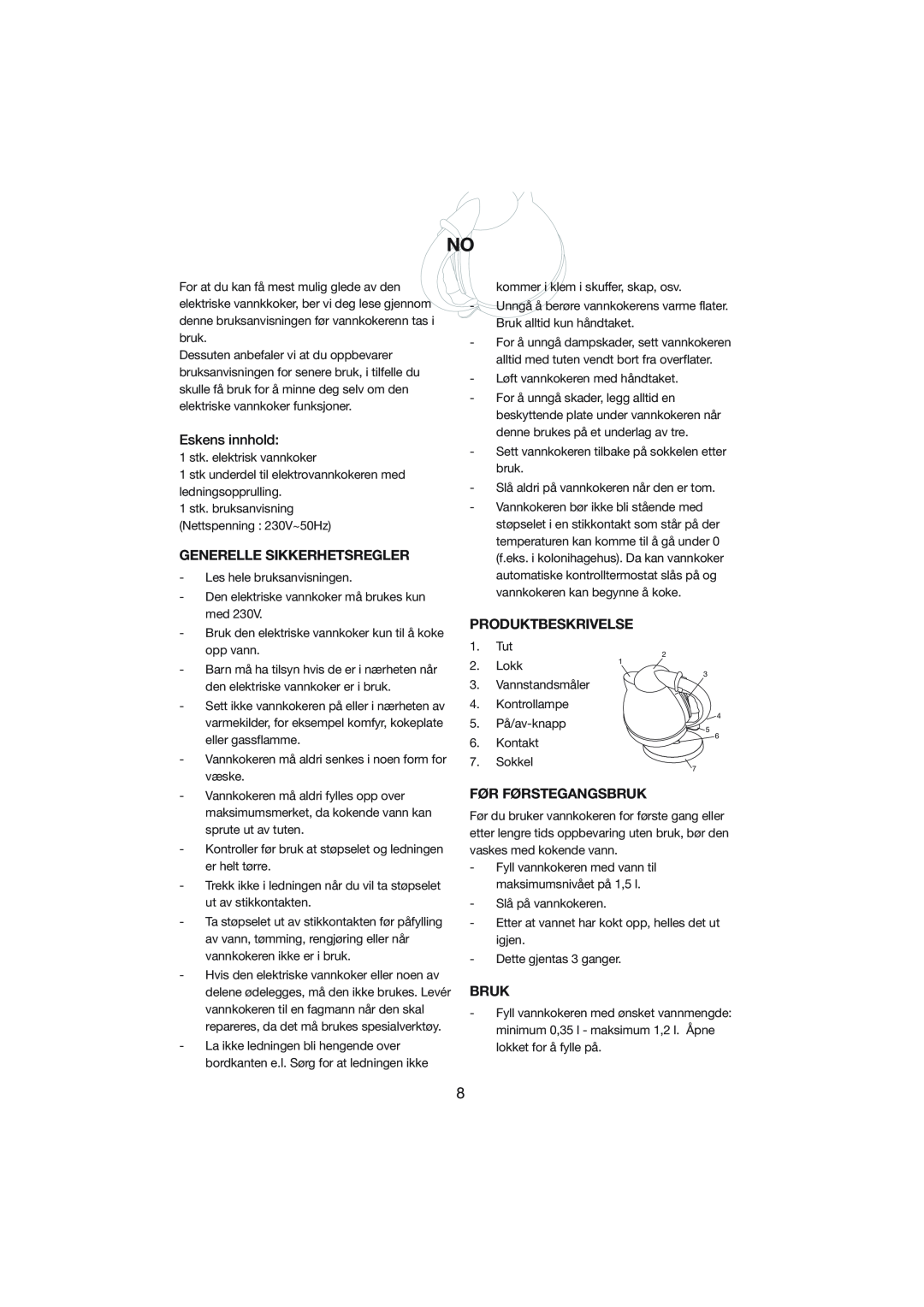 Melissa 245-015 manual Eskens innhold, Generelle Sikkerhetsregler, Produktbeskrivelse, Før Førstegangsbruk 
