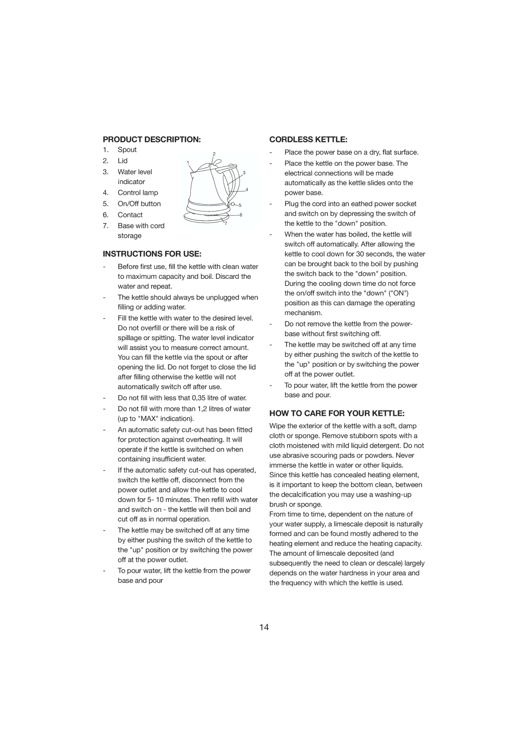 Melissa 245-018 manual Product Description, Instructions for USE, Cordless Kettle, HOW to Care for Your Kettle 