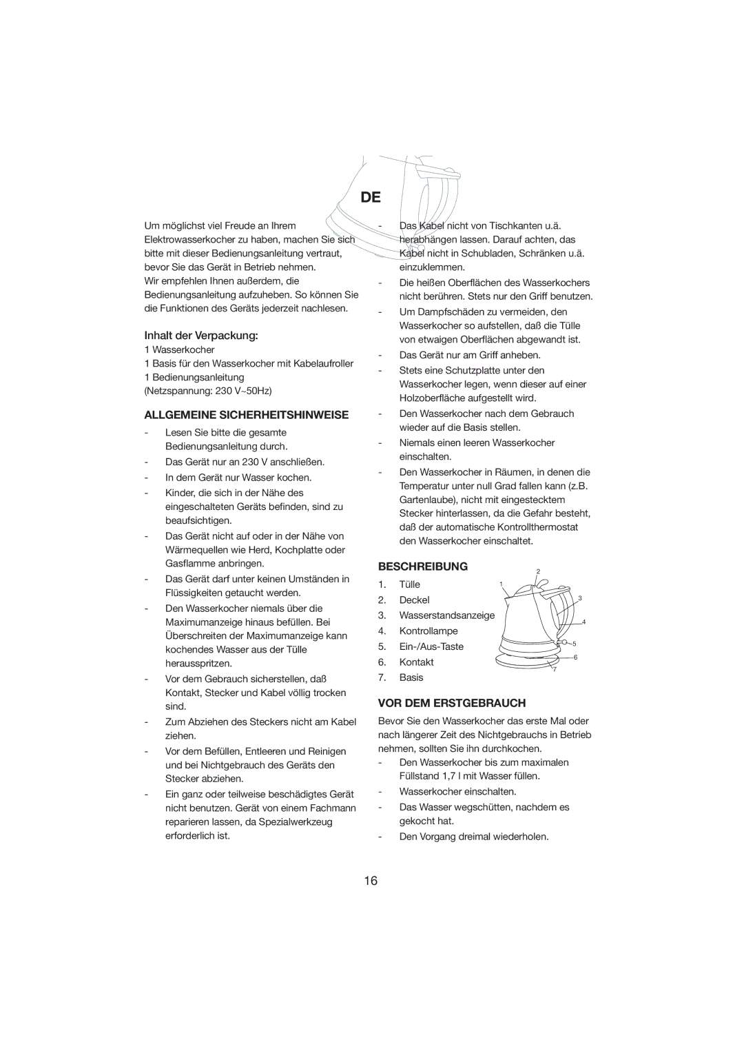 Melissa 245-018 manual Allgemeine Sicherheitshinweise, Beschreibung, VOR DEM Erstgebrauch 