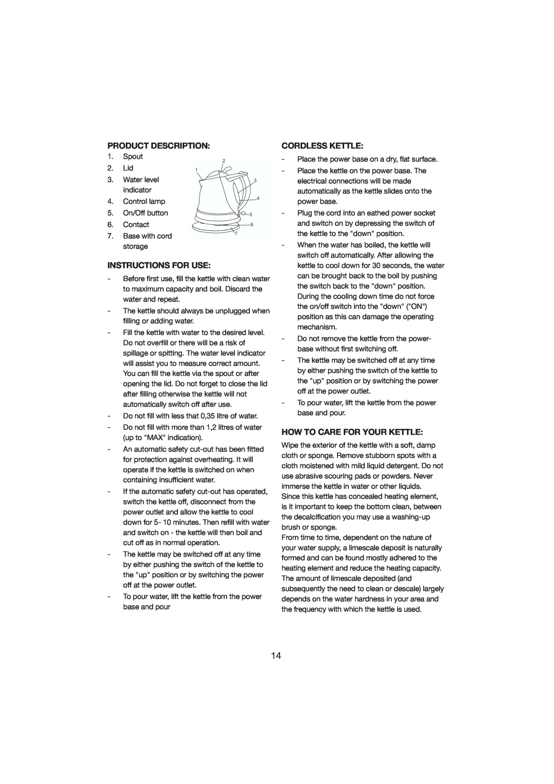 Melissa 245-018 manual Product Description, Instructions For Use, Cordless Kettle, How To Care For Your Kettle 