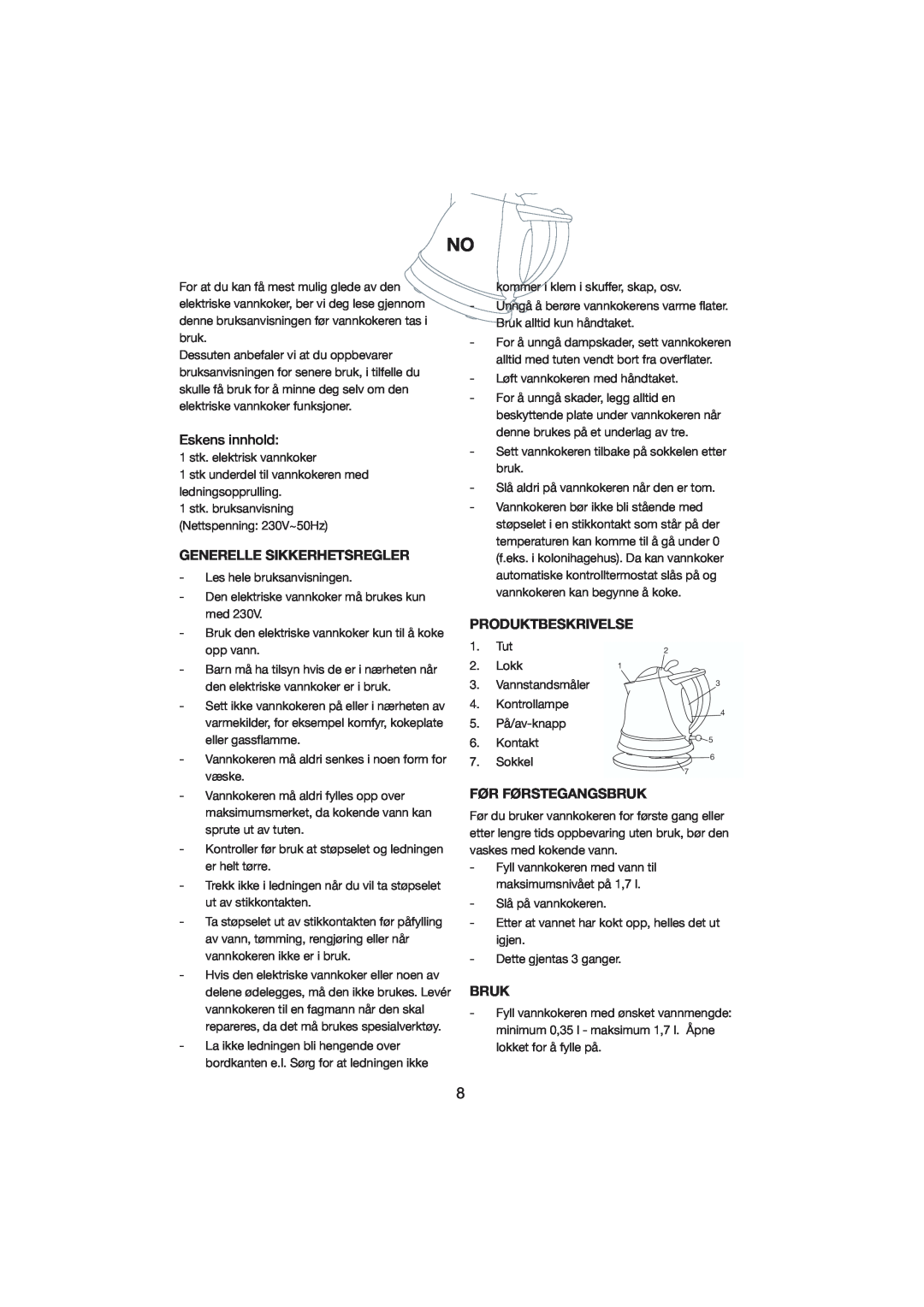 Melissa 245-018 manual Eskens innhold, Generelle Sikkerhetsregler, Produktbeskrivelse, Før Førstegangsbruk 