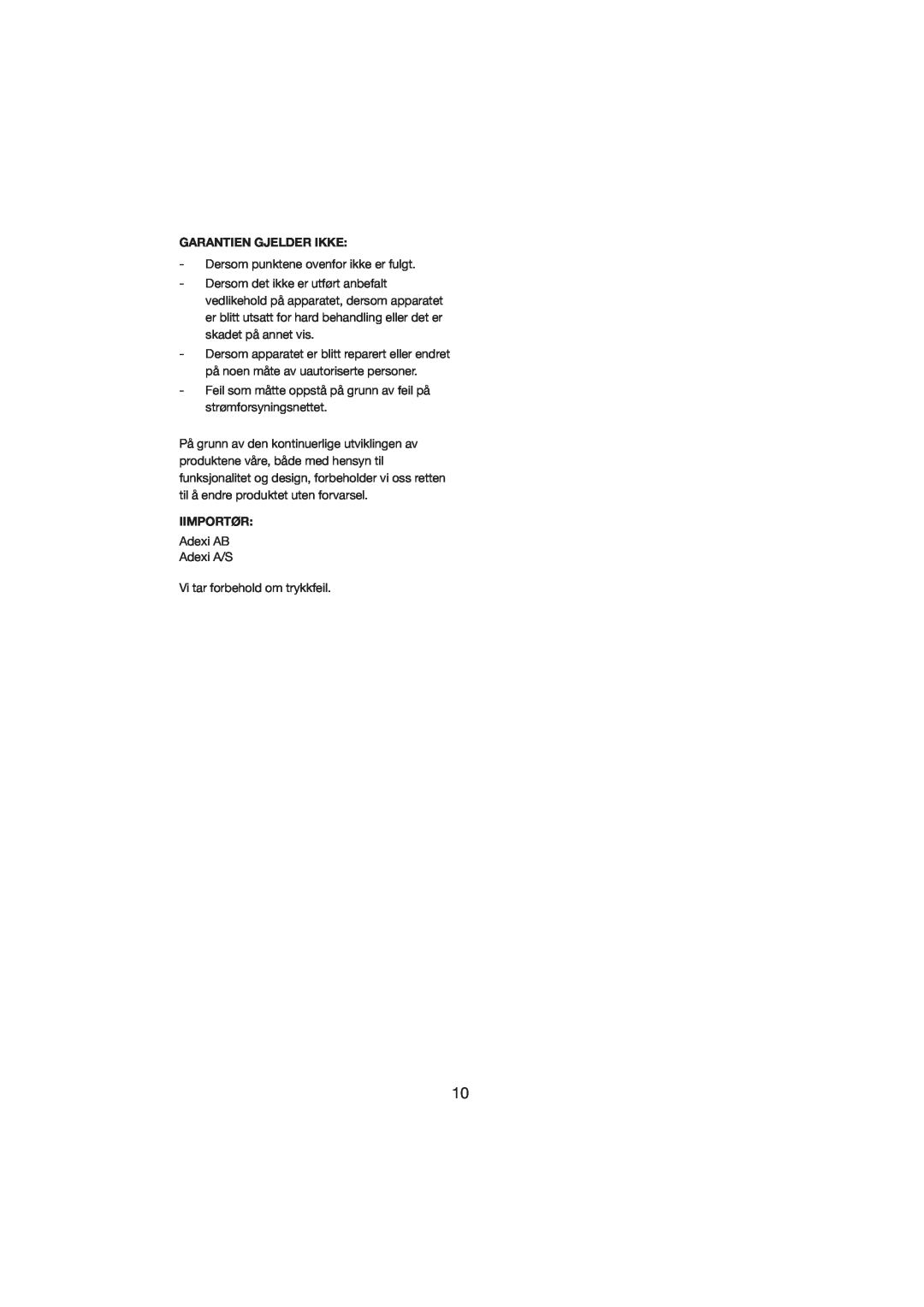 Melissa 245-021 manual Garantien Gjelder Ikke, Iimportør 