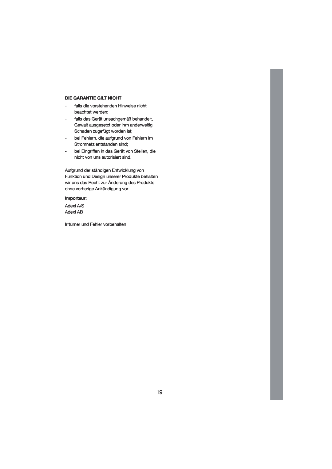 Melissa 245-021 manual Die Garantie Gilt Nicht, Importeur 