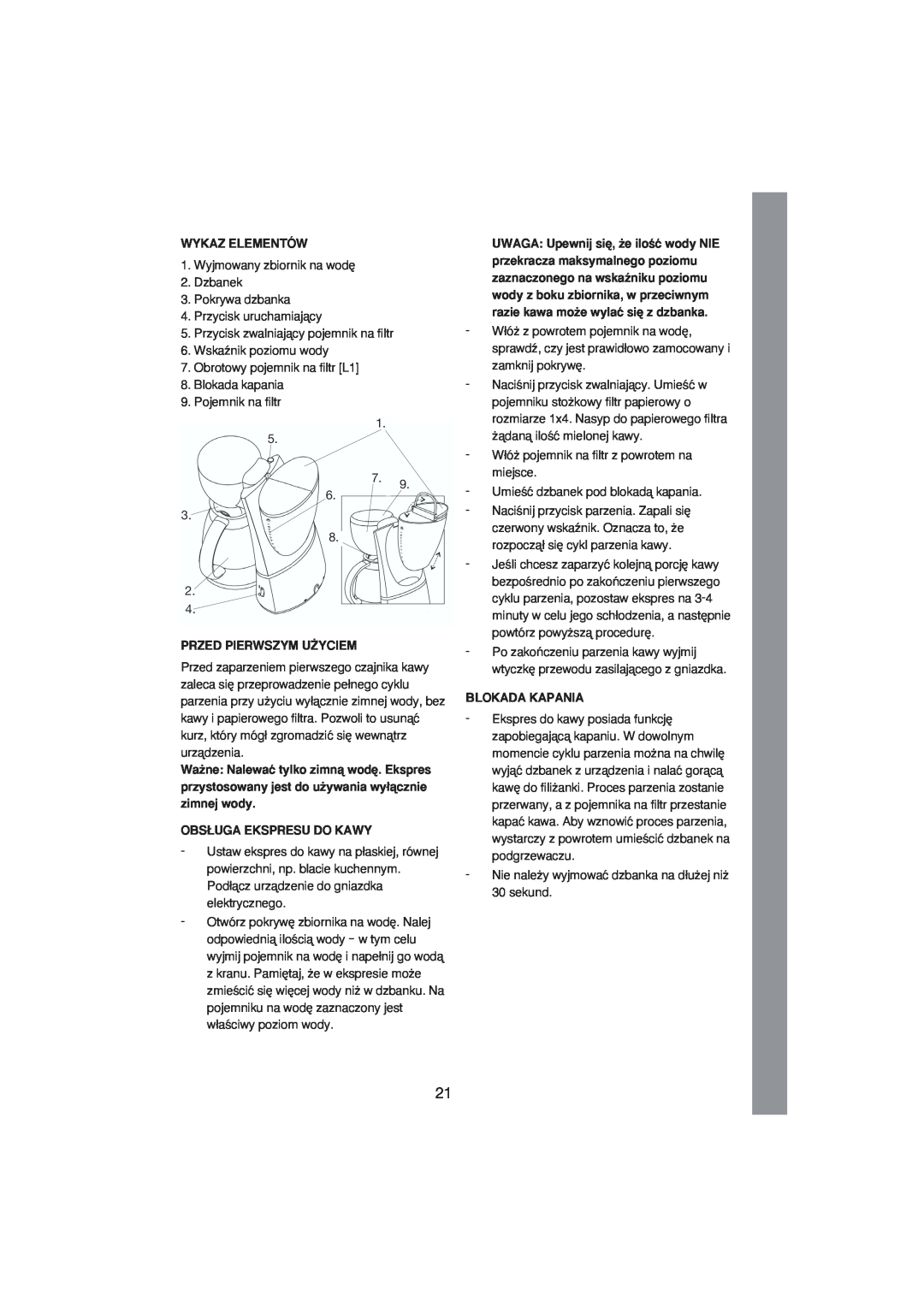 Melissa 245-021 manual Wykaz Elementów, Przed Pierwszym U˚Yciem, Obs¸Uga Ekspresu Do Kawy, Blokada Kapania 