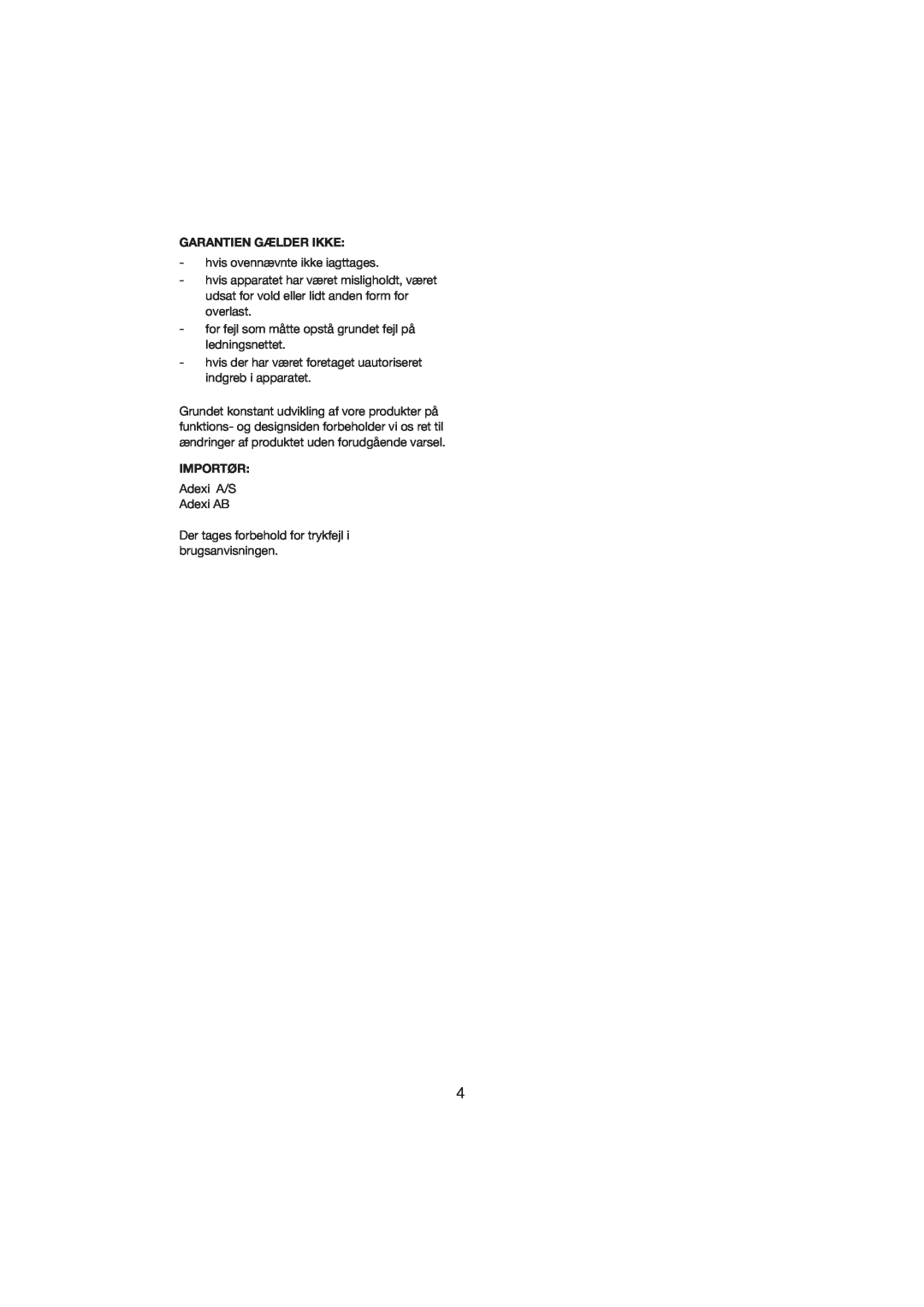 Melissa 245-021 manual Garantien Gælder Ikke, Importør 
