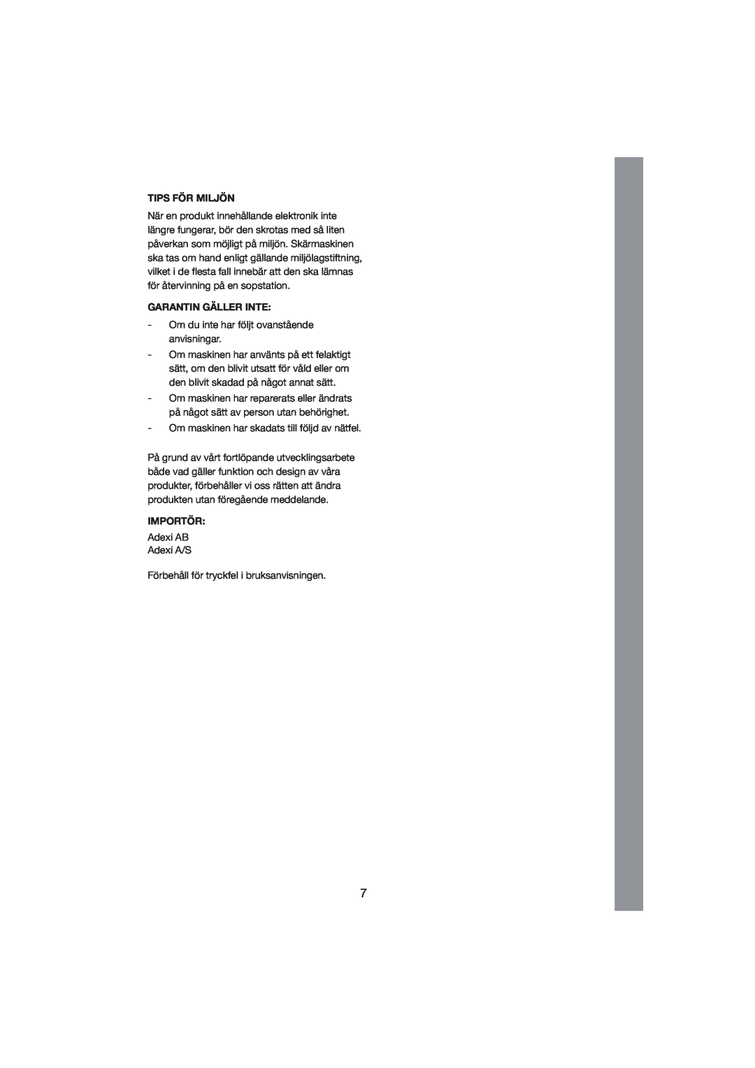 Melissa 245-021 manual Tips För Miljön, Garantin Gäller Inte, Importör 