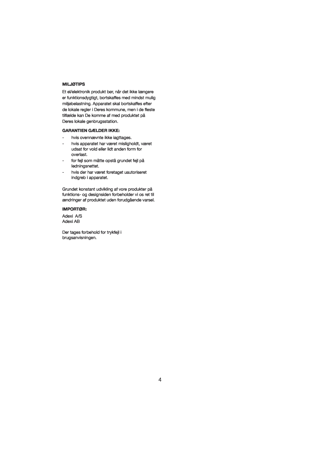 Melissa 245-022 manual Miljøtips, Garantien Gælder Ikke, Importør 
