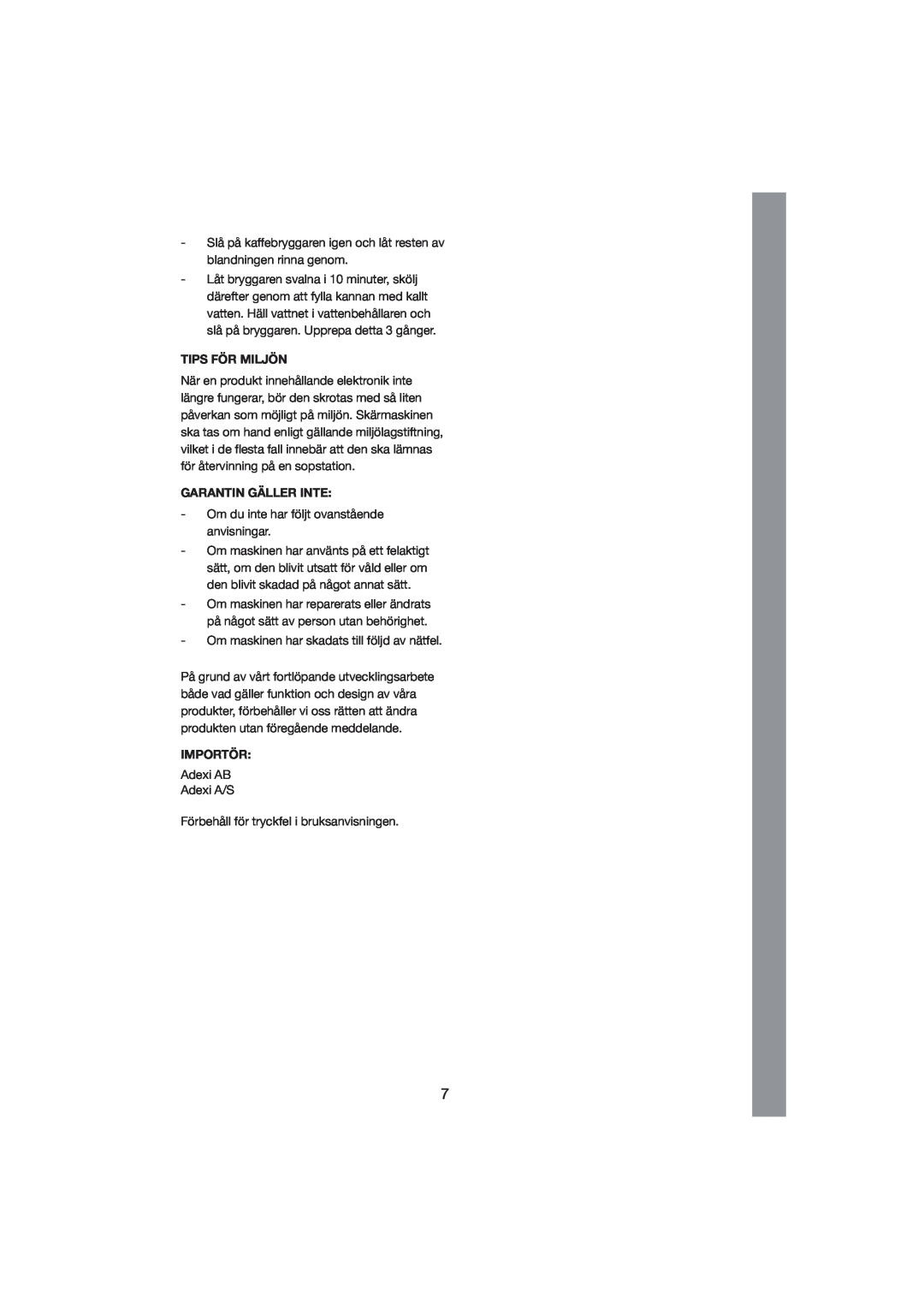 Melissa 245-022 manual Tips För Miljön, Garantin Gäller Inte, Importör 