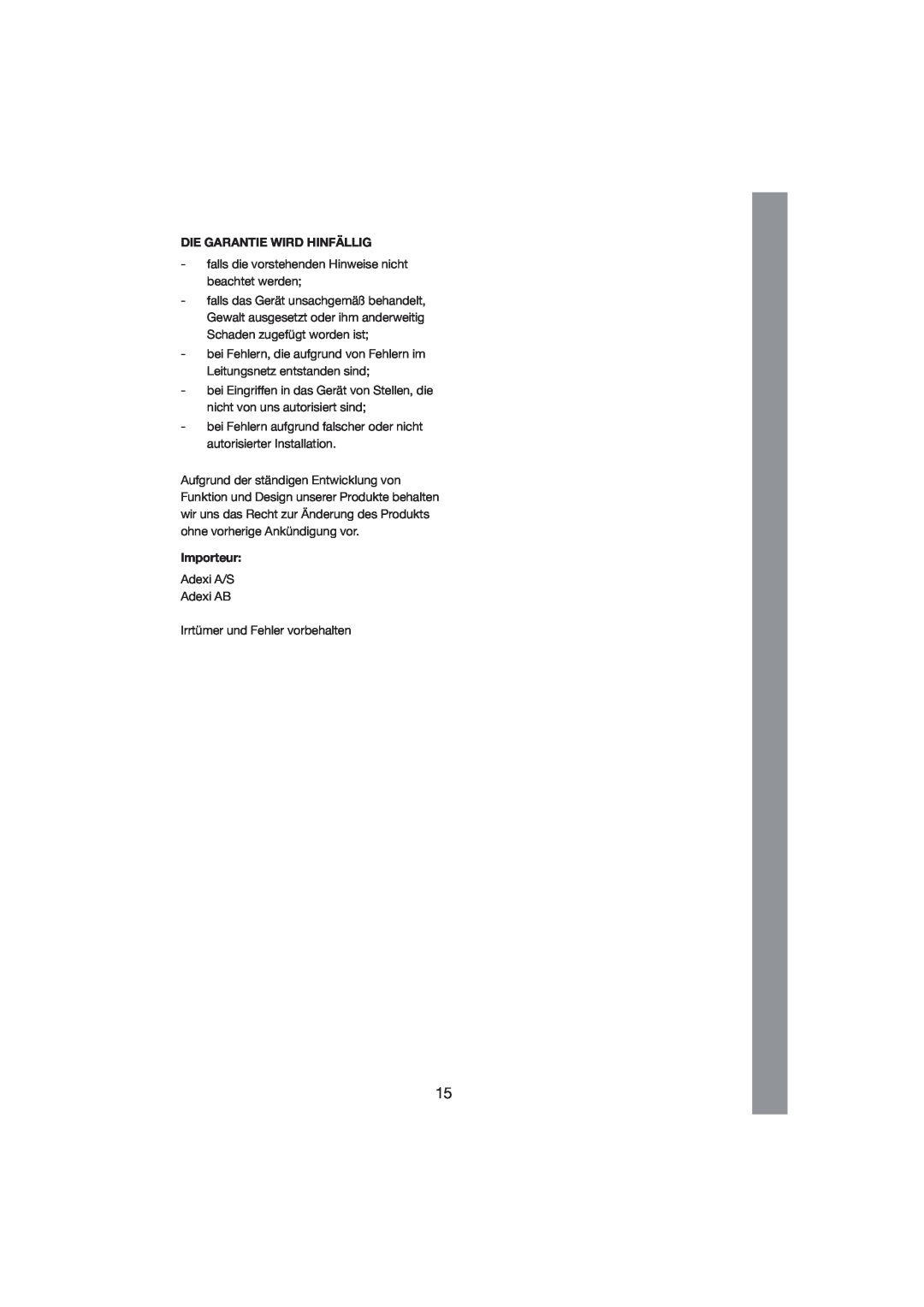 Melissa 245-023 manual Die Garantie Wird Hinfällig, Importeur 