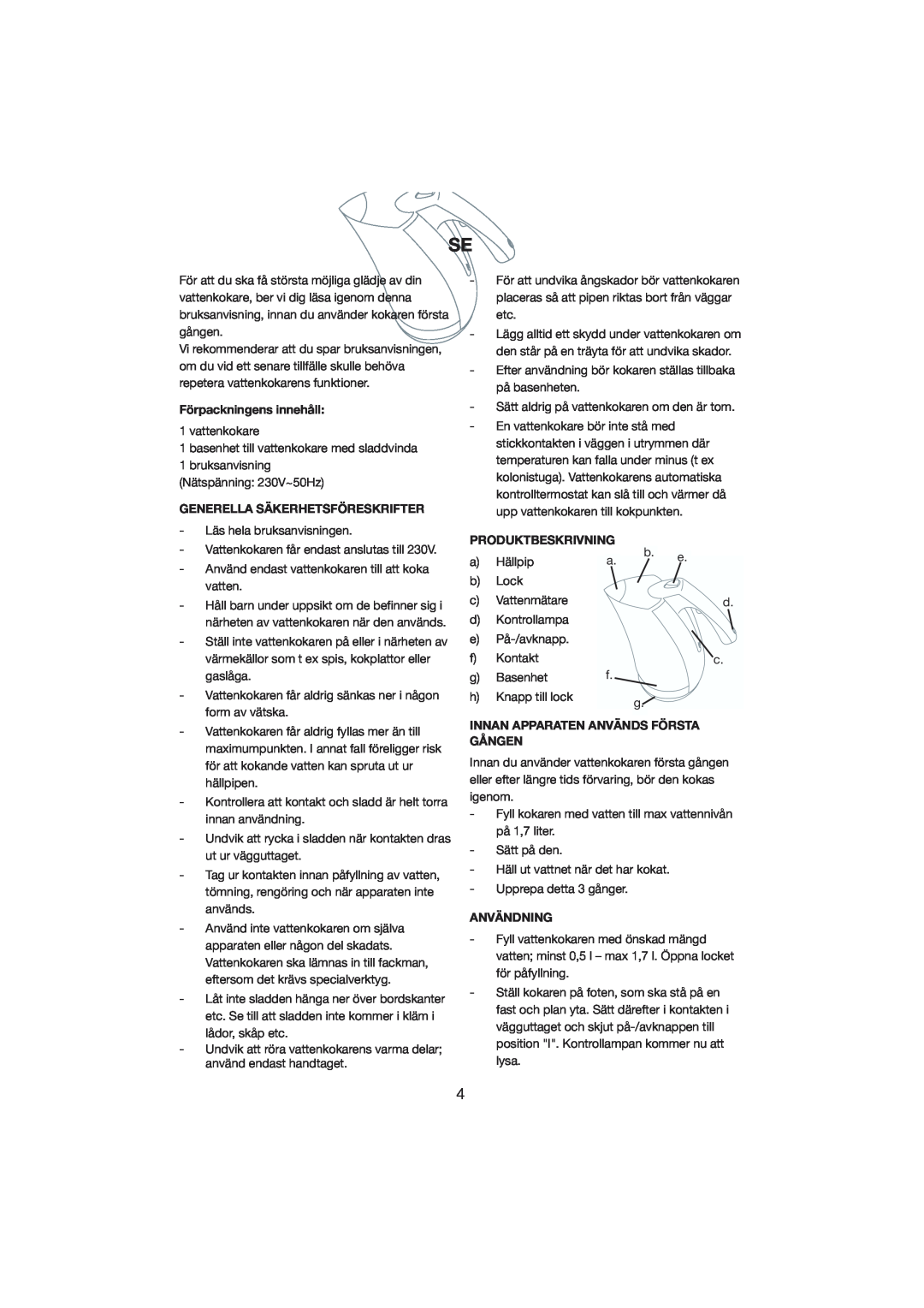 Melissa 245-023 manual Förpackningens innehåll, Generella Säkerhetsföreskrifter, Produktbeskrivning, Användning 