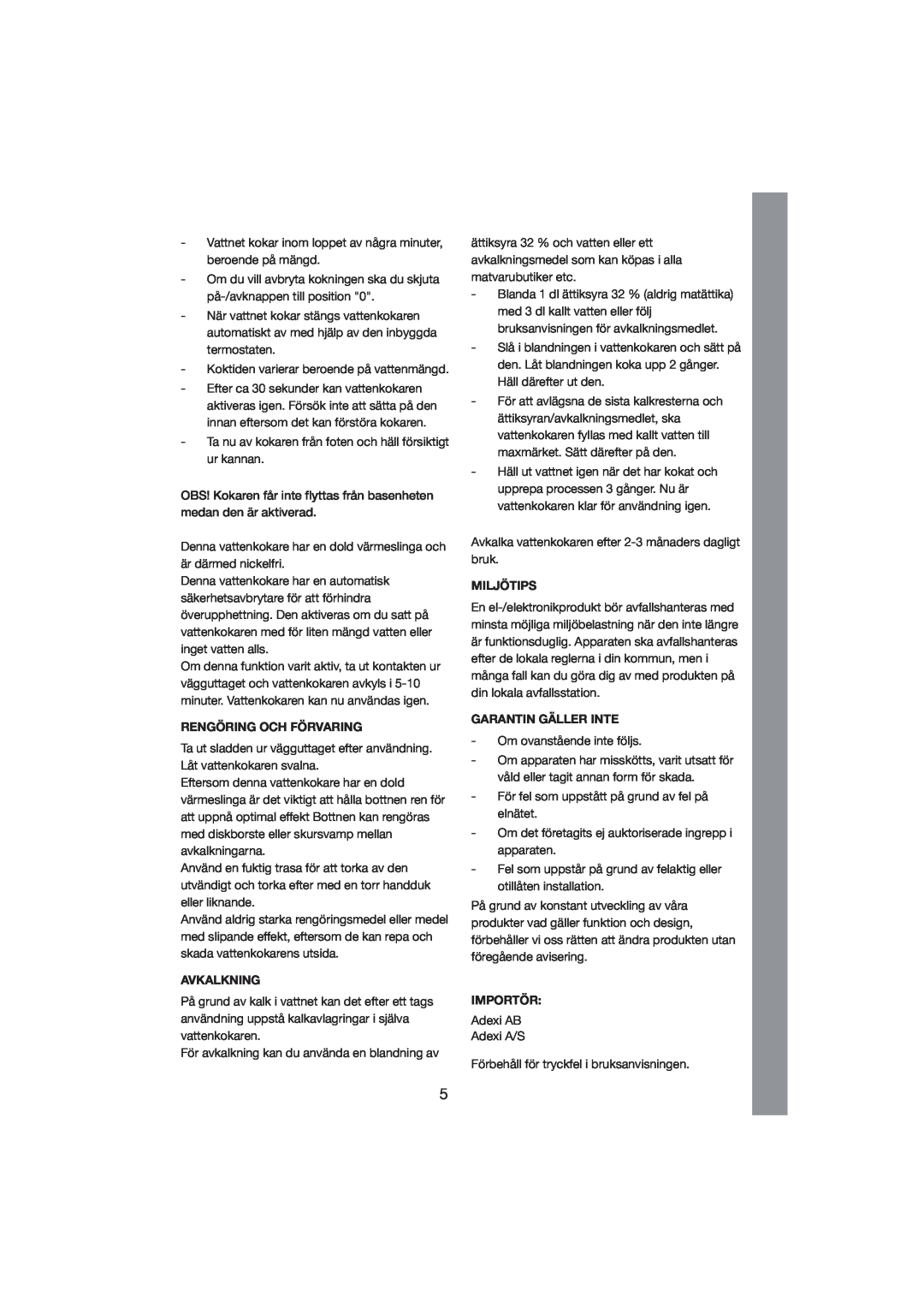 Melissa 245-023 manual Rengöring Och Förvaring, Avkalkning, Miljötips, Garantin Gäller Inte, Importör 
