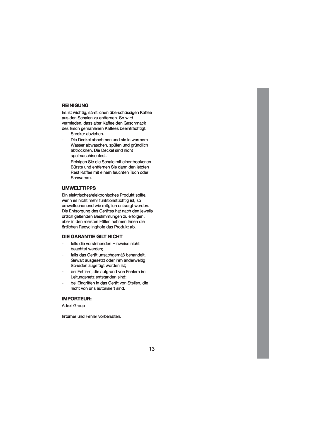 Melissa 245-024 manual Reinigung, Umwelttipps, Die Garantie Gilt Nicht, Importeur 