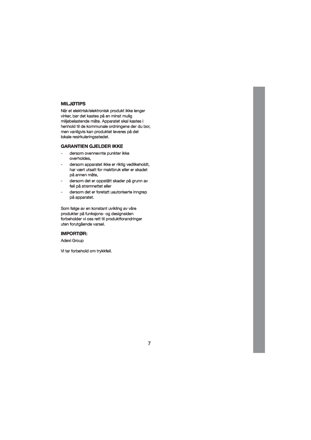Melissa 245-024 manual Miljøtips, Garantien Gjelder Ikke, Importør 