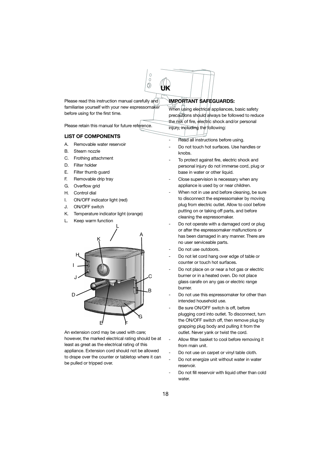 Melissa 245-027 Important Safeguards, List of Components, Please retain this manual for future reference 