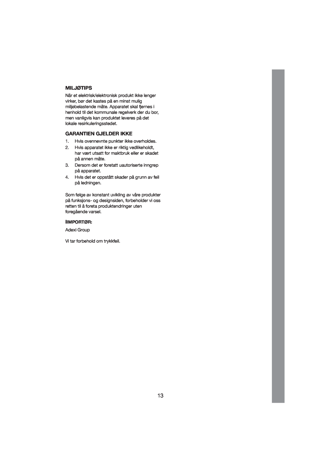 Melissa 245-027 manual Garantien Gjelder Ikke, Iimportør, Miljøtips 