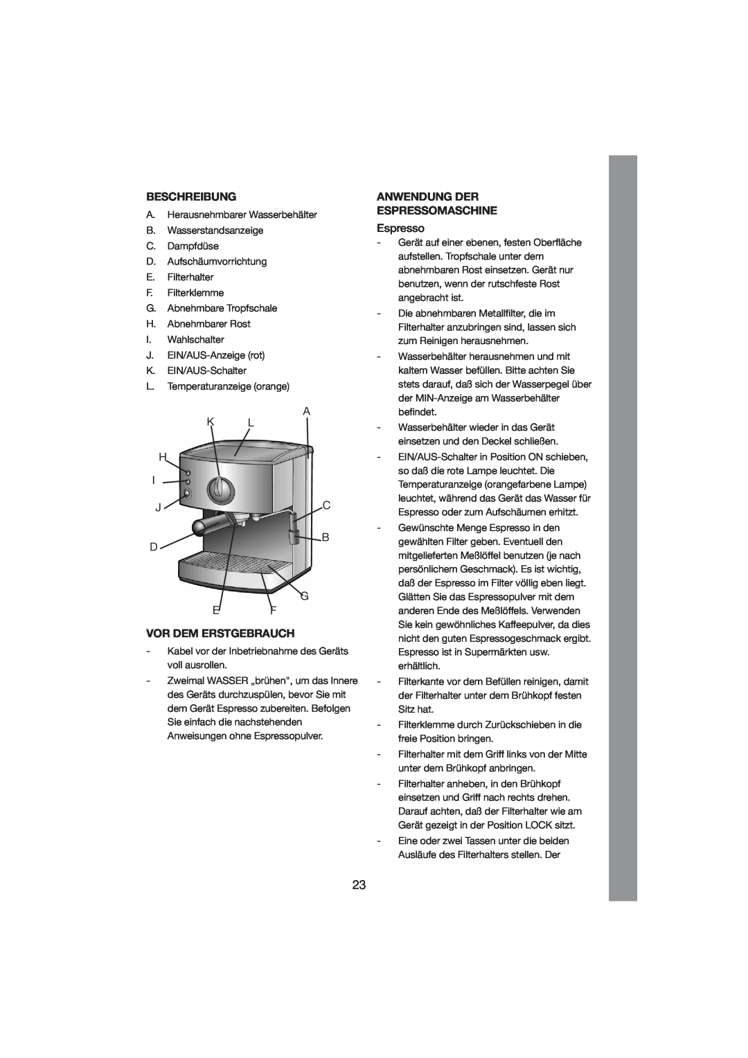 Melissa 245-027 manual Beschreibung, Vor Dem Erstgebrauch, Anwendung Der Espressomaschine 