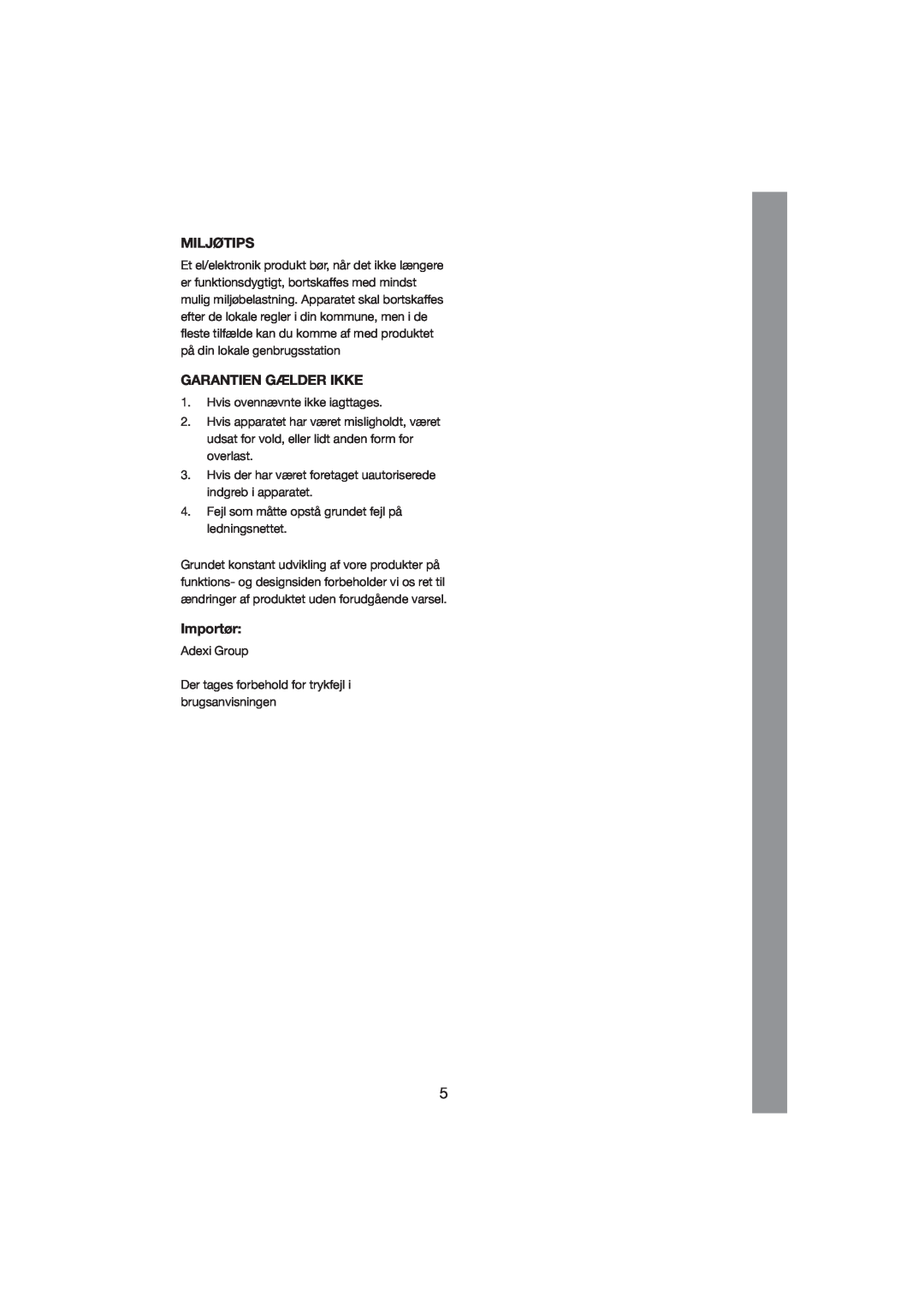 Melissa 245-027 manual Miljøtips, Garantien Gælder Ikke, Importør 