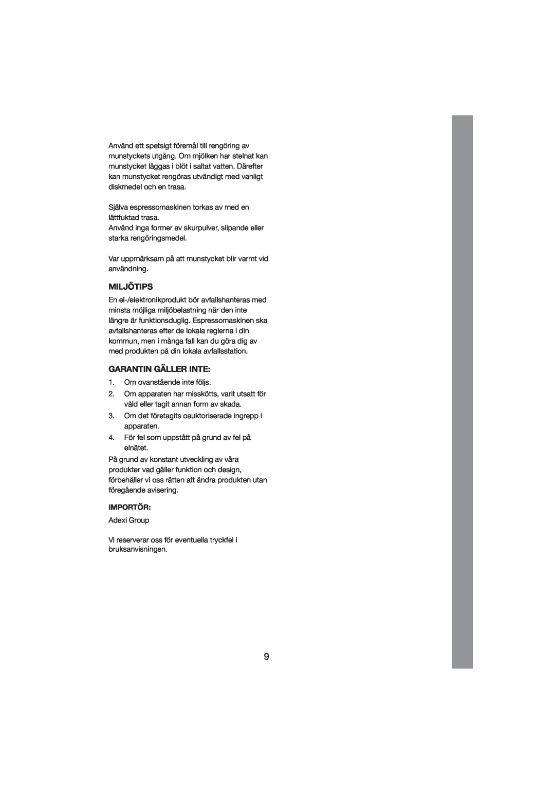 Melissa 245-027 manual Miljötips, Garantin Gäller Inte, Importör 