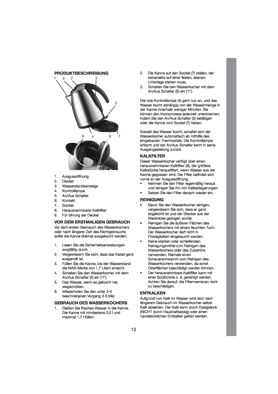 Melissa 245-029 manual Produktbeschreibung, Vor Dem Erstmaligen Gebrauch, Gebrauch Des Wasserkochers, Reinigung, Entkalken 