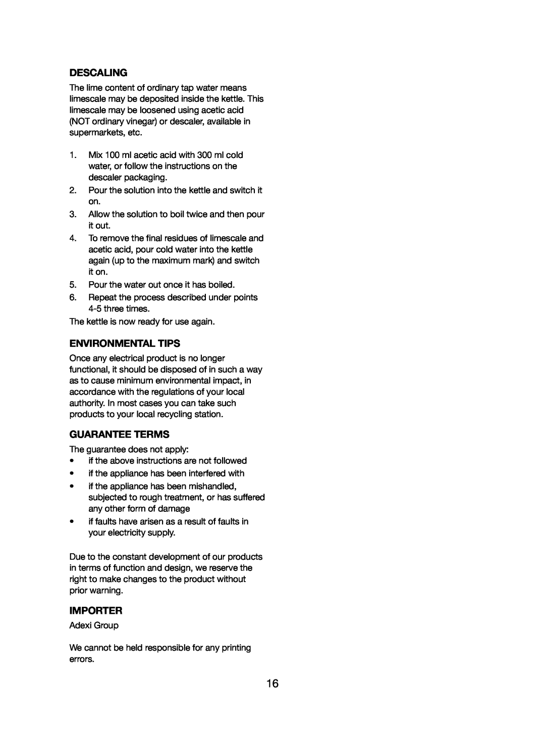 Melissa 245-031 manual Descaling, Environmental Tips, Guarantee Terms, Importer 
