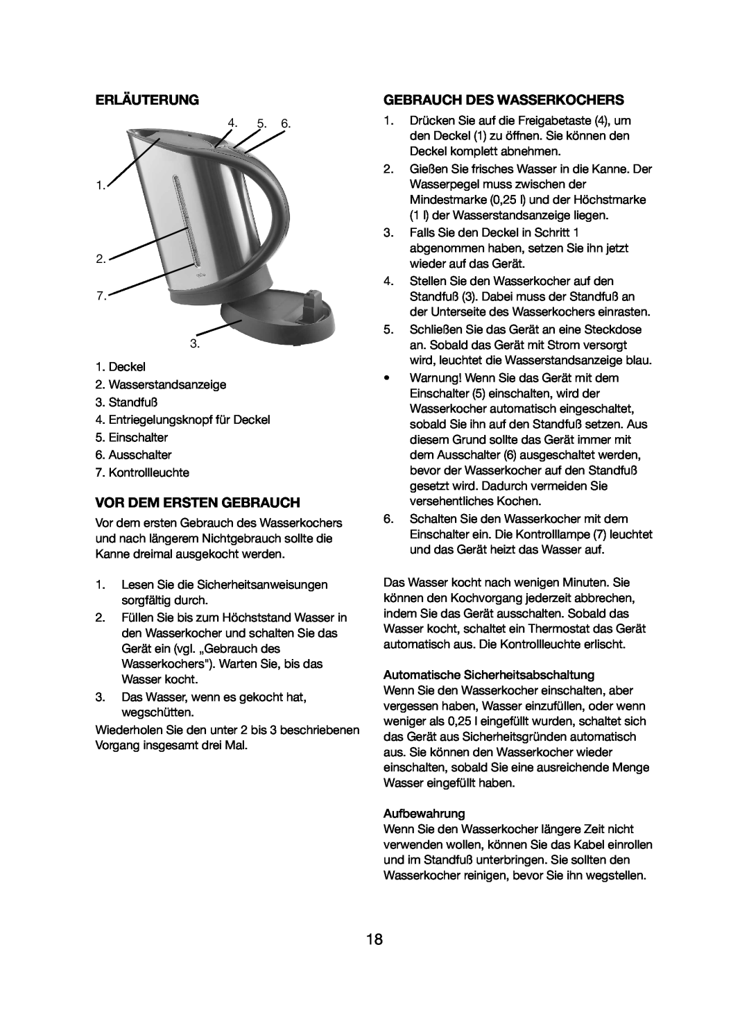 Melissa 245-031 manual Erläuterung, Vor Dem Ersten Gebrauch, Gebrauch Des Wasserkochers 