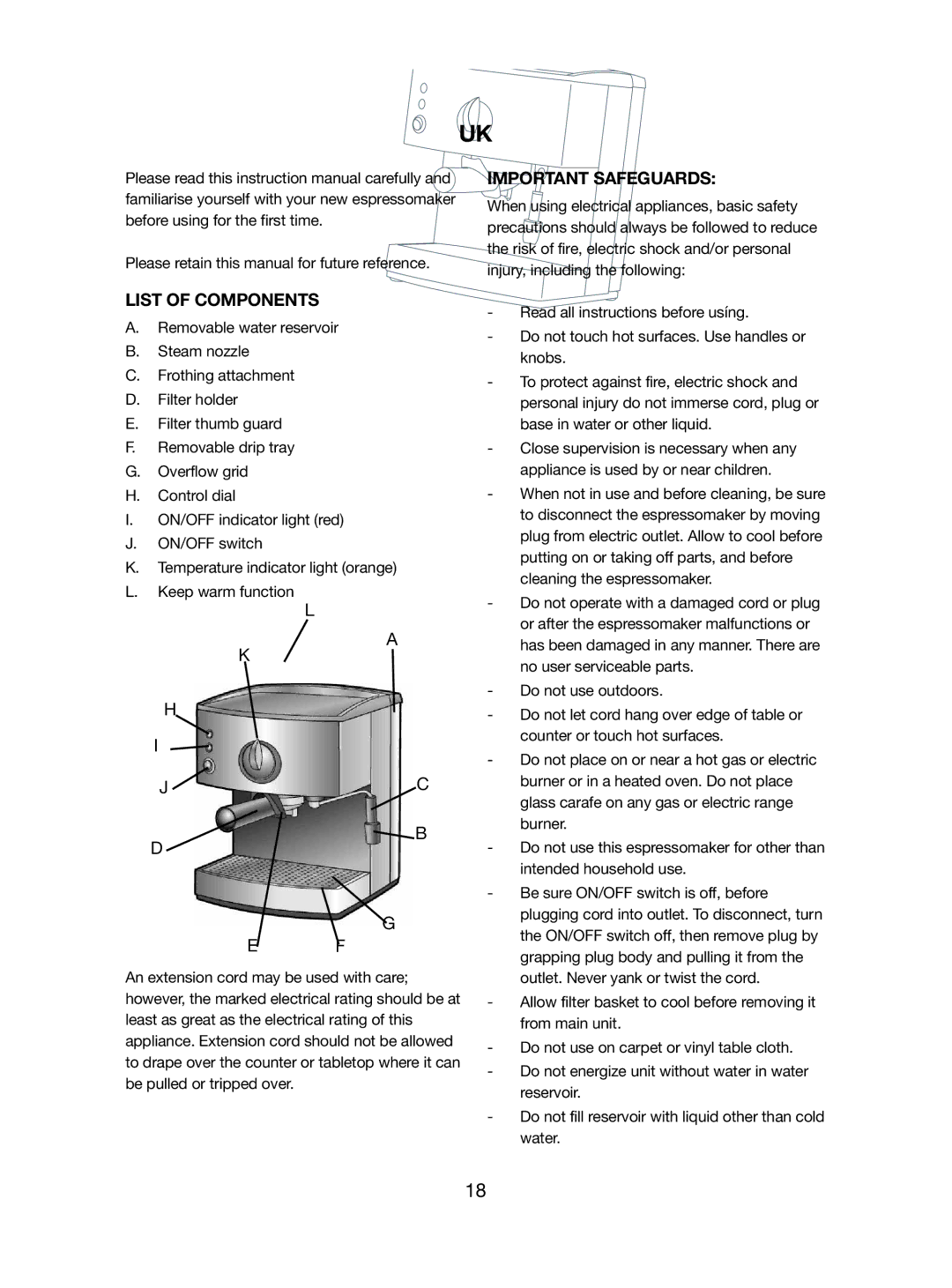 Melissa 245-032 Important Safeguards, List of Components, Please retain this manual for future reference 