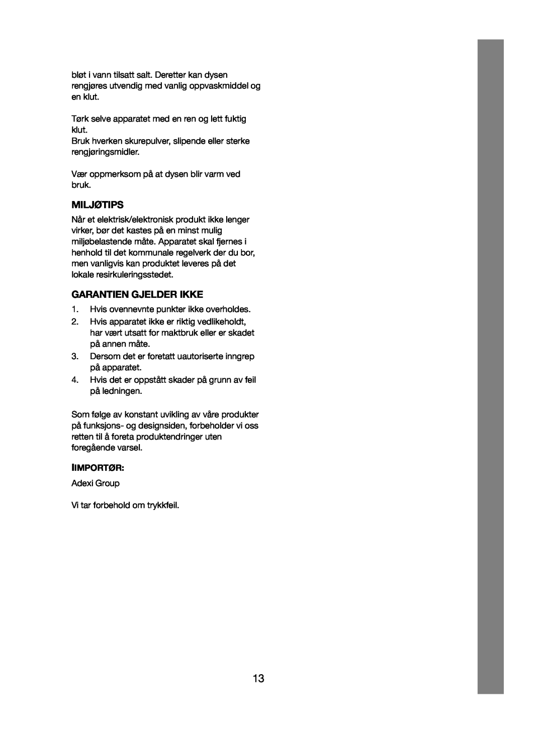 Melissa 245-032 manual Garantien Gjelder Ikke, Iimportør, Miljøtips 
