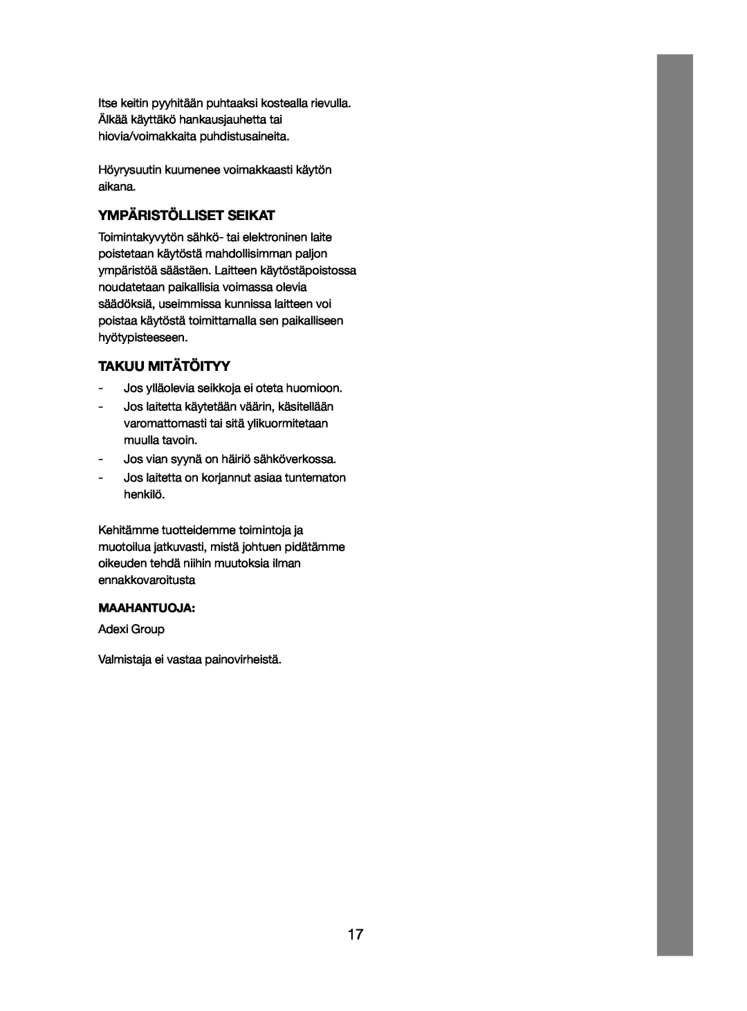 Melissa 245-032 manual Ympäristölliset Seikat, Takuu Mitätöityy, Maahantuoja 