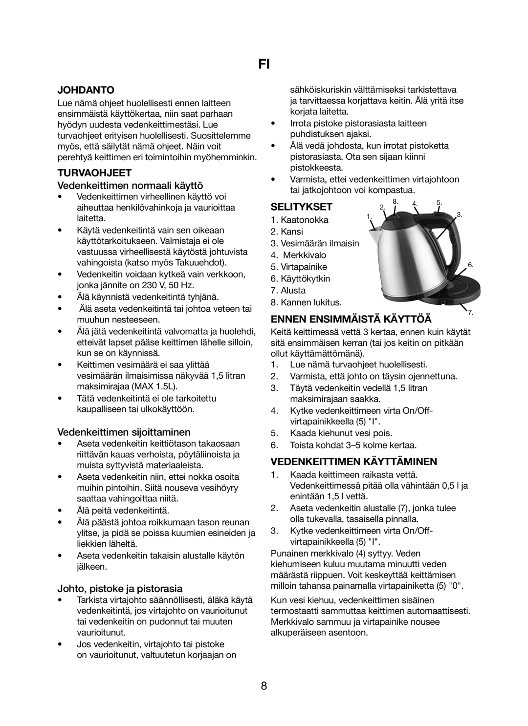 Melissa 245-035 manual Johdanto, Turvaohjeet, Selitykset, Ennen Ensimmäistä Käyttöä, Vedenkeittimen Käyttäminen 
