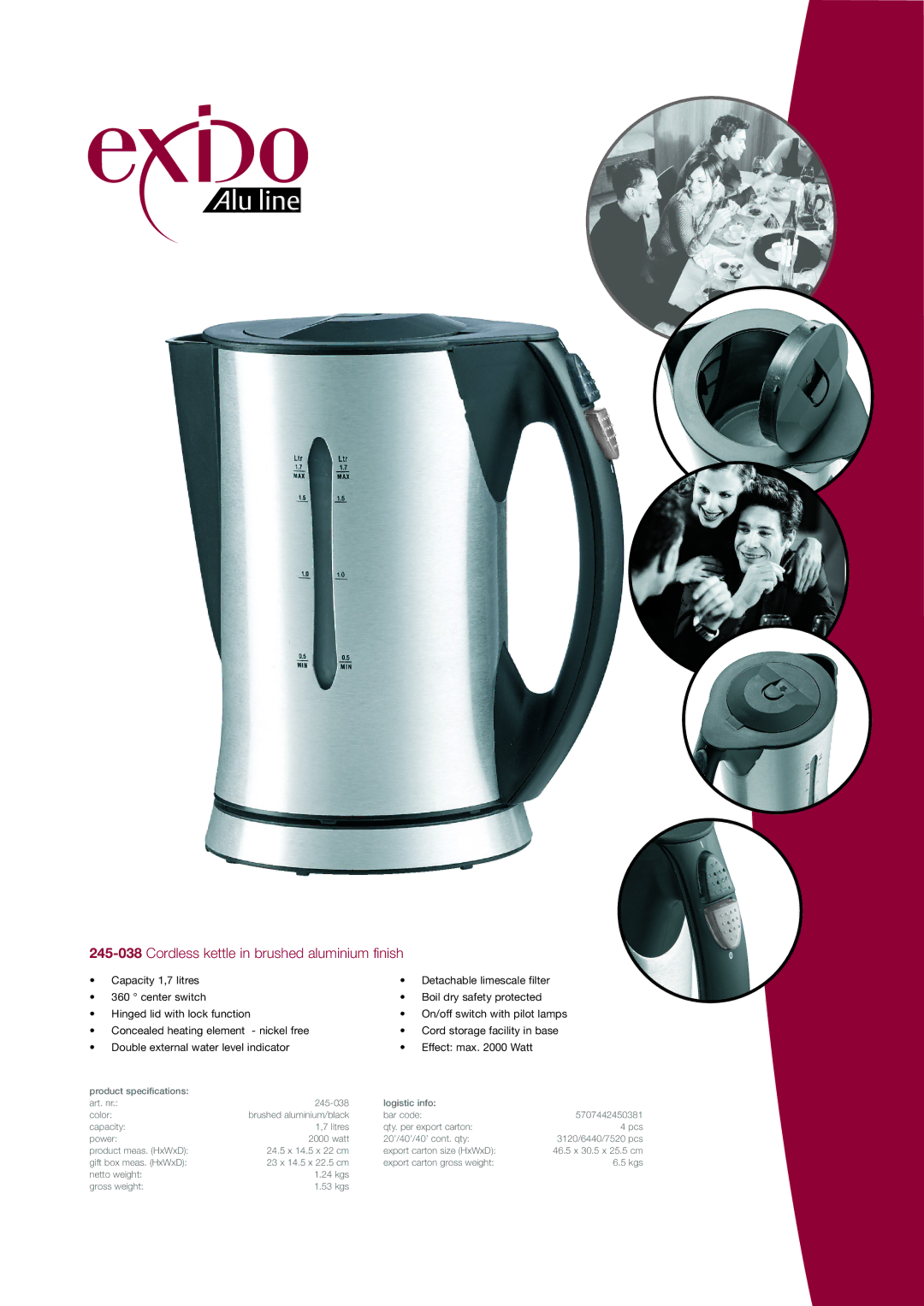 Melissa specifications 245-038Cordless kettle in brushed aluminium finish 