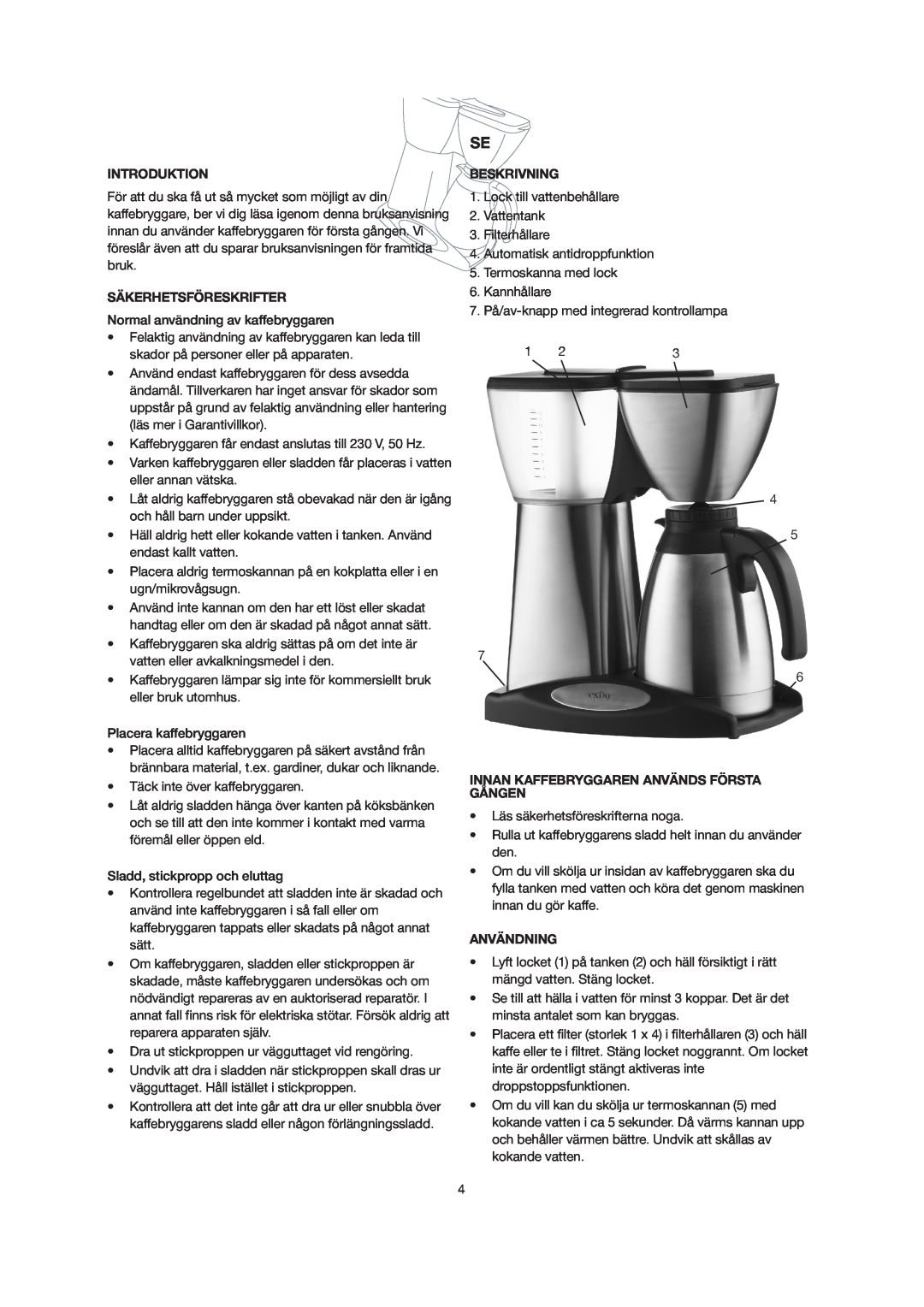 Melissa 245-040 Säkerhetsföreskrifter, Beskrivning, Innan Kaffebryggaren Används Första Gången, Användning, Introduktion 