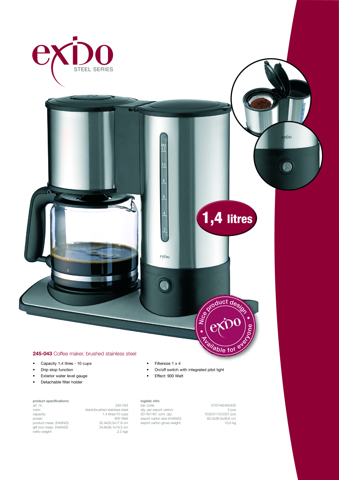 Melissa 245-043 specifications 1,4 litres, Steel Series, Coffee maker, brushed stainless steel, Detachable filter holder 