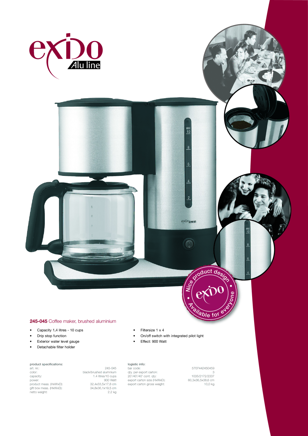 Melissa specifications 245-045Coffee maker, brushed aluminium 