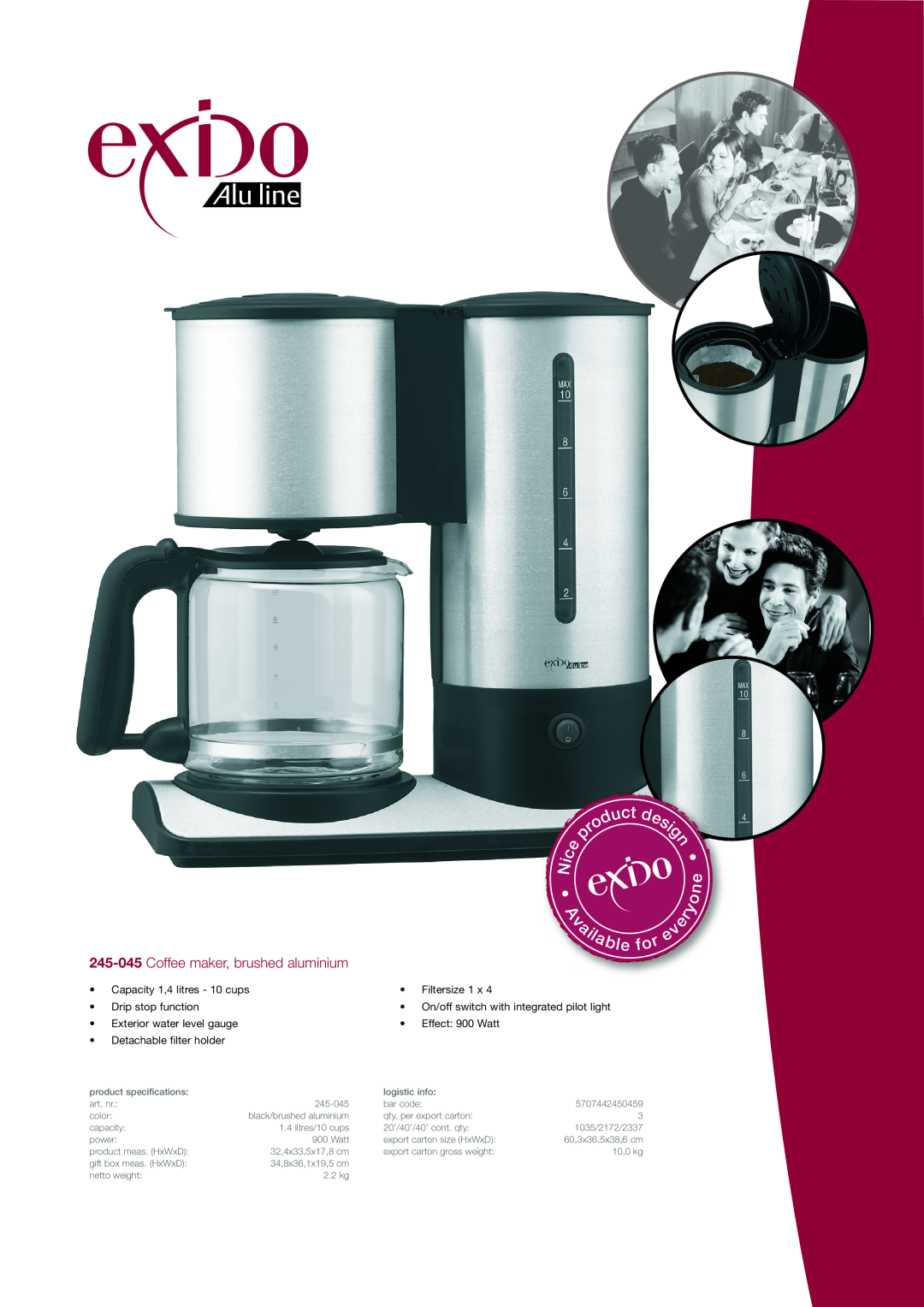 Melissa 245-045 specifications Coffee maker, brushed aluminium, Capacity 1,4 litres - 10 cups, Detachable filter holder 
