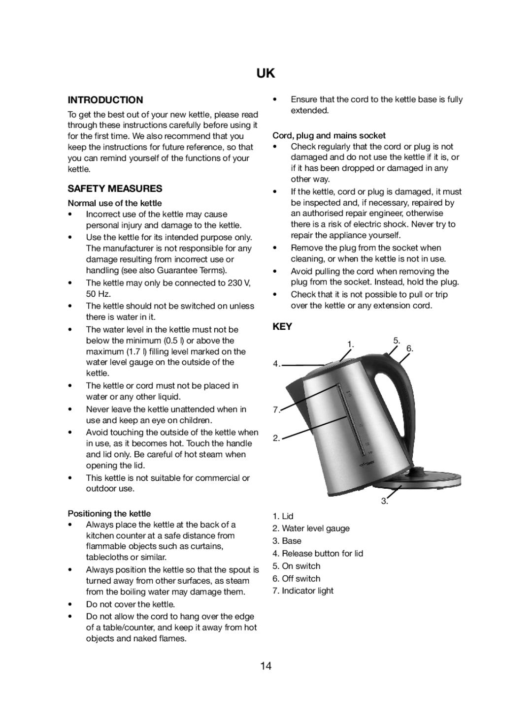 Melissa 245-046/052 manual Introduction, Safety Measures, Key, Normal use of the kettle 