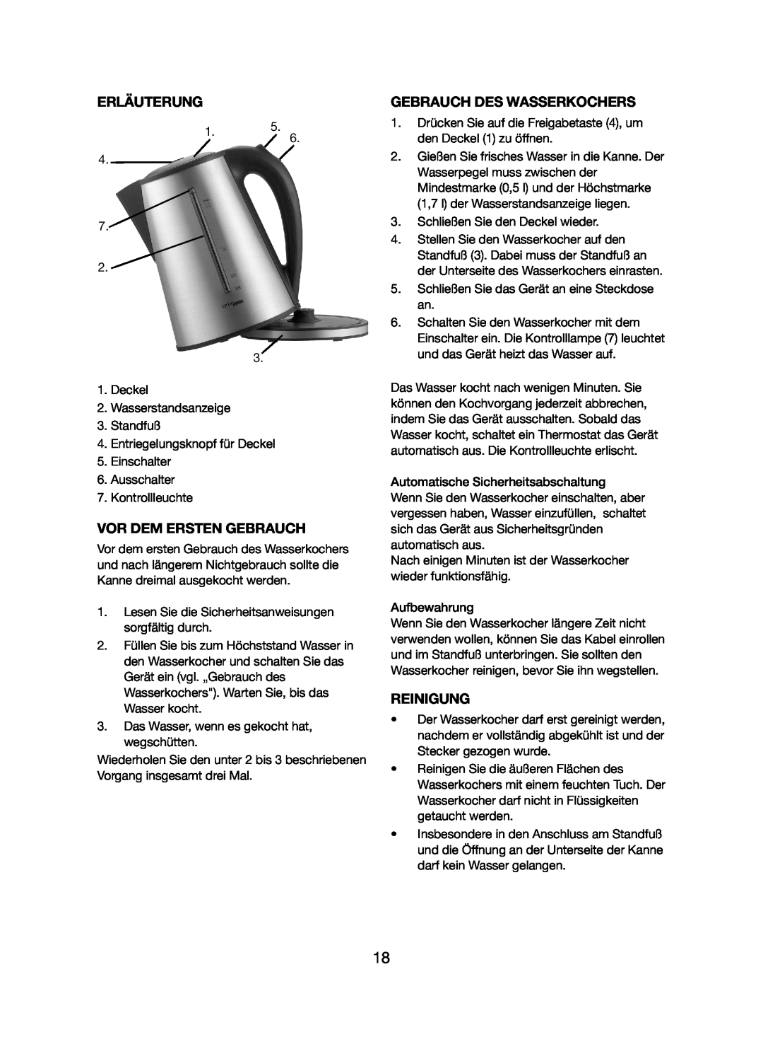 Melissa 245-046/052 manual Erläuterung, Vor Dem Ersten Gebrauch, Gebrauch Des Wasserkochers, Reinigung 