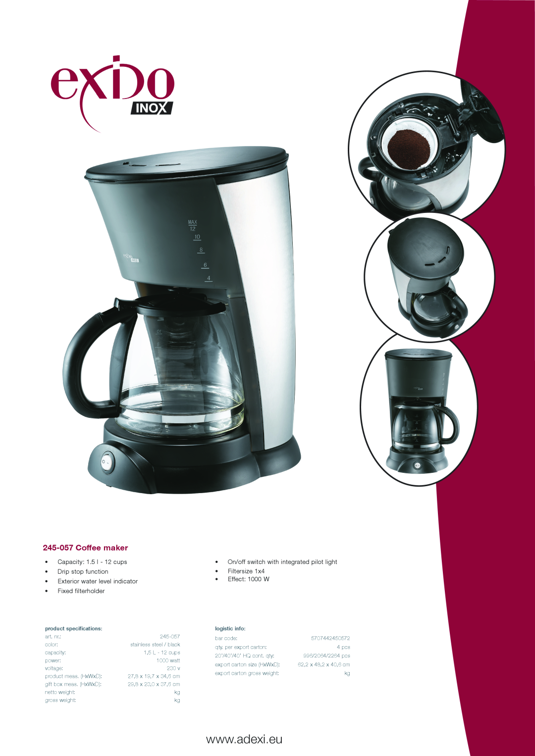 Melissa specifications 245-057Coffee maker, Capacity 1.5 l - 12 cups Drip stop function, Exterior water level indicator 