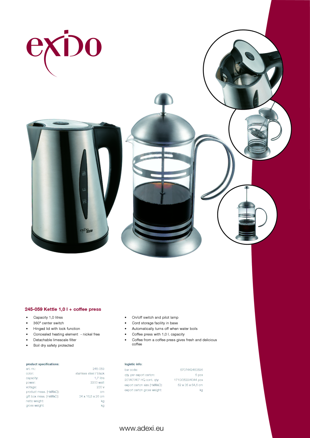 Melissa 245-059 specifications Kettle 1,0 l + coffee press 