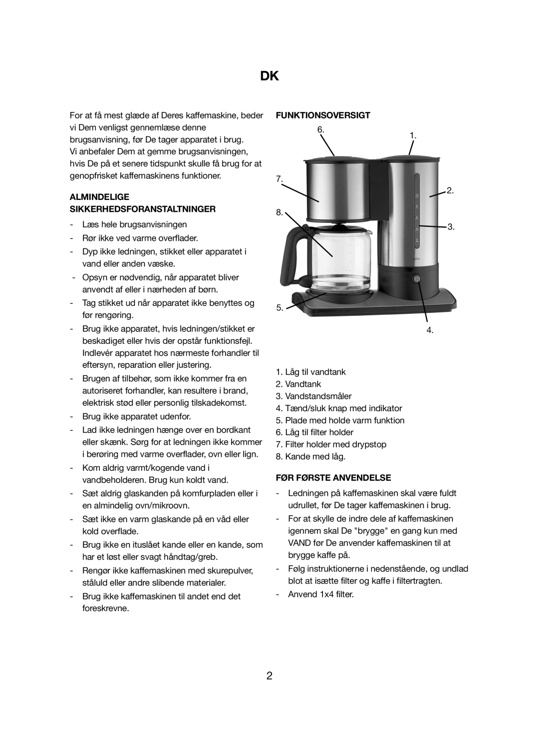 Melissa 245-060 manual Funktionsoversigt, Almindelige Sikkerhedsforanstaltninger, FØR Første Anvendelse 