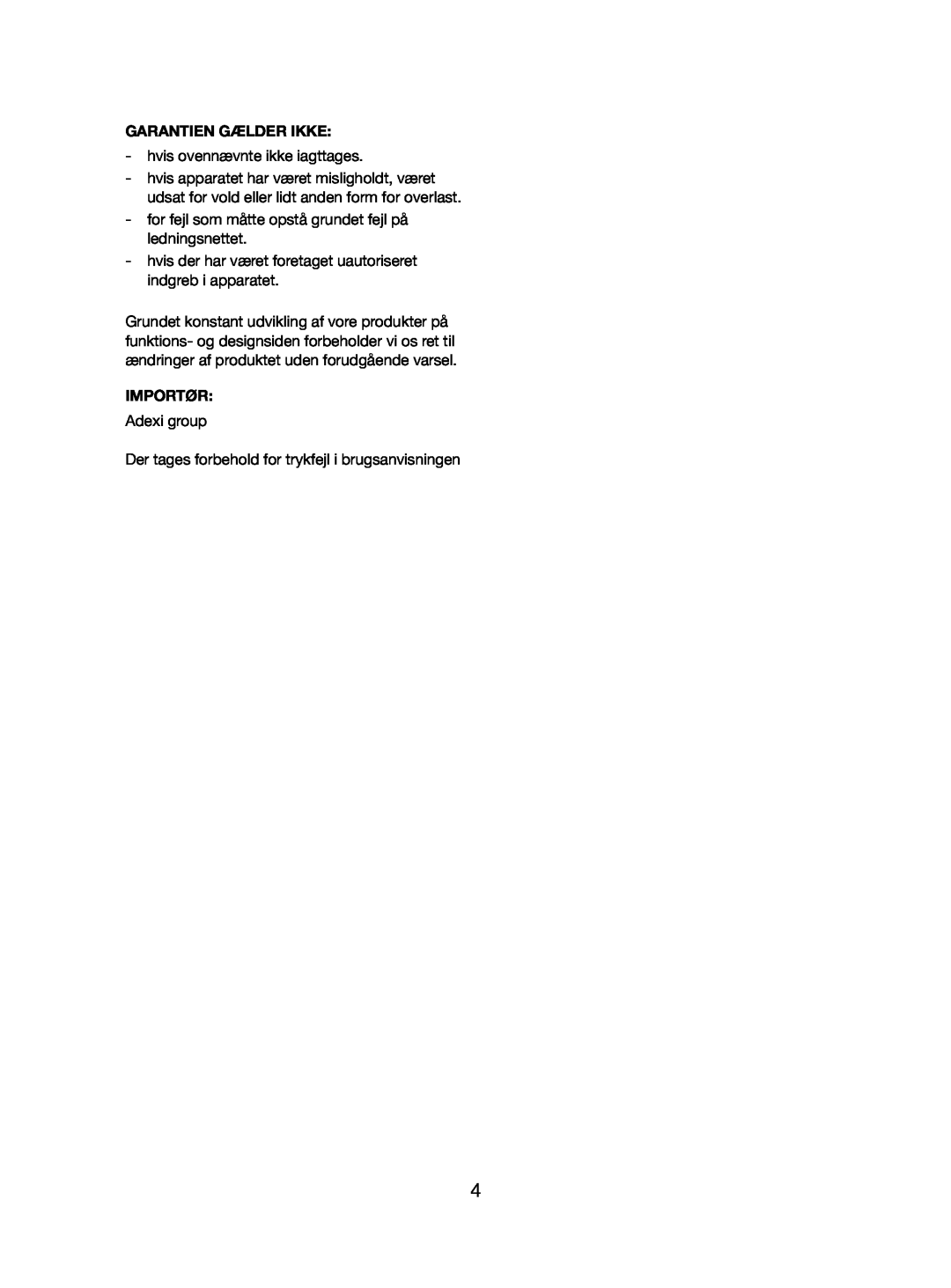 Melissa 245-060 manual Garantien Gælder Ikke, Importør 