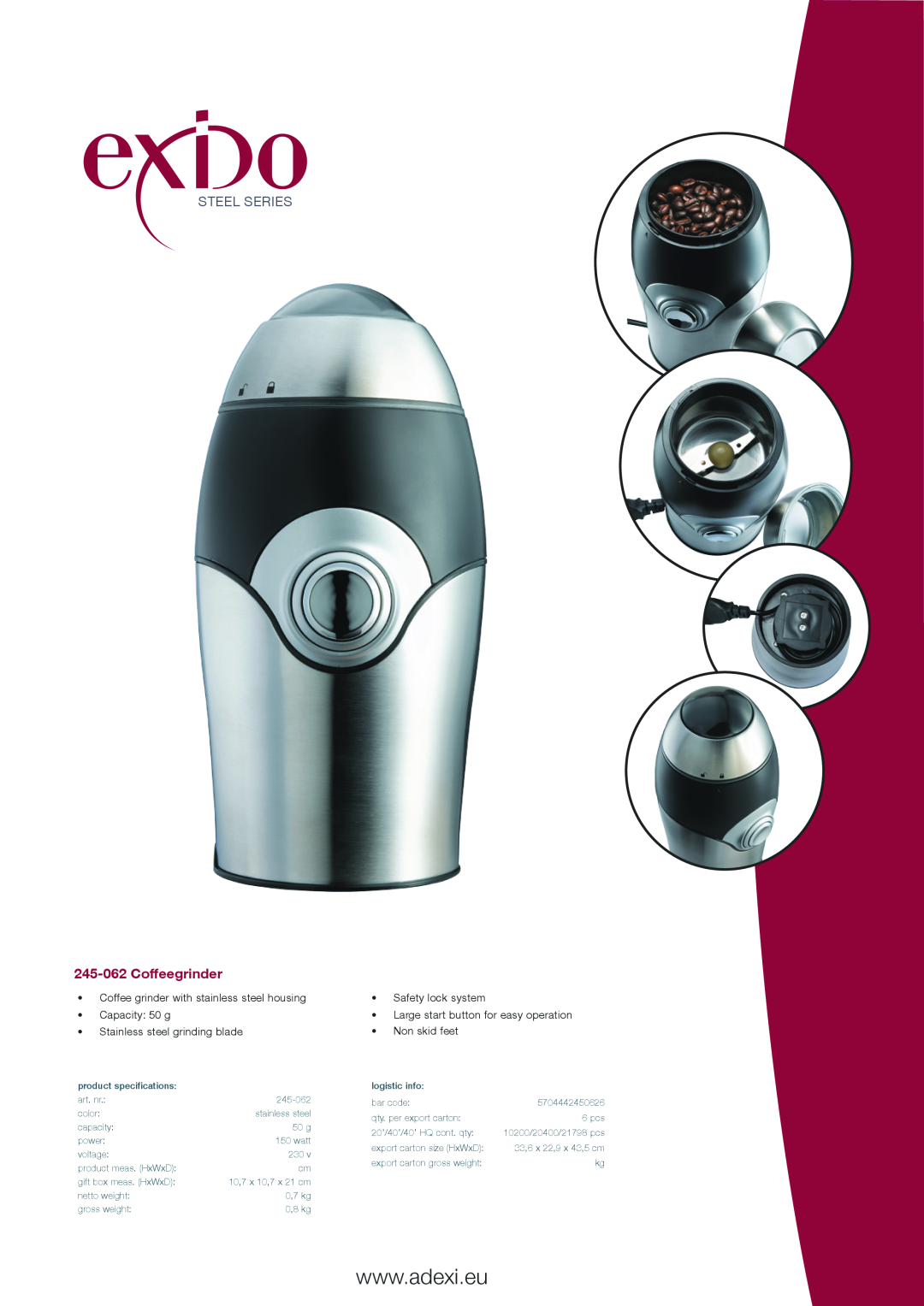 Melissa specifications Steel Series, 245-062Coffeegrinder, Coffee grinder with stainless steel housing, Non skid feet 