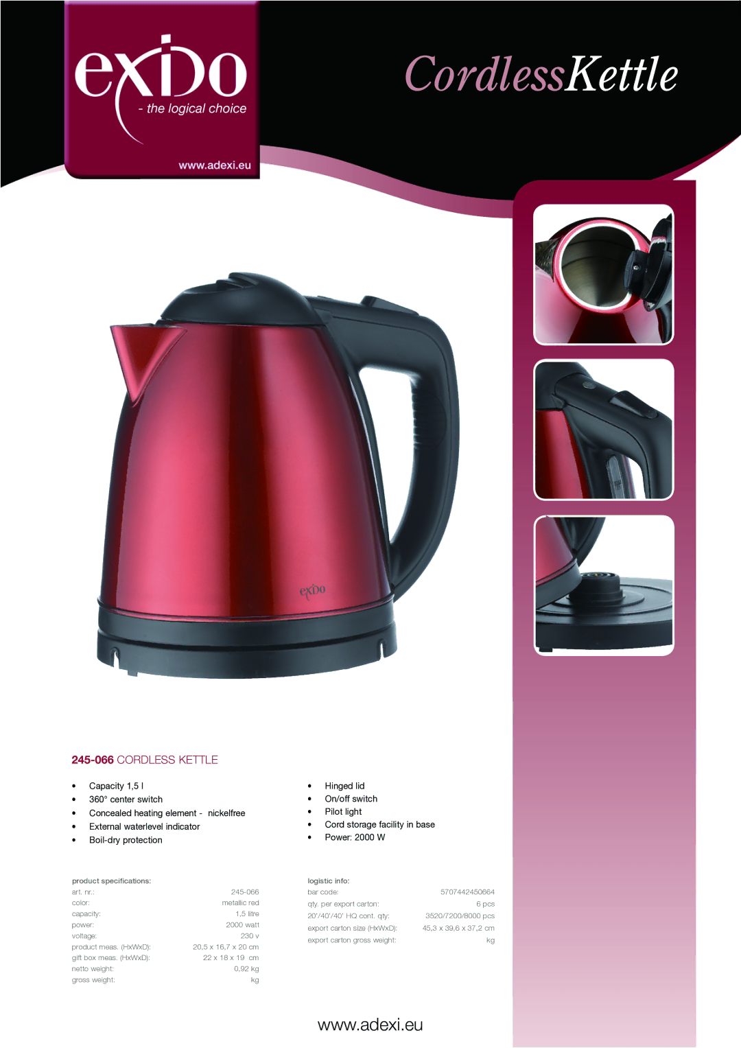 Melissa specifications CordlessKettle, Logical choice, 245-066Cordless kettle 